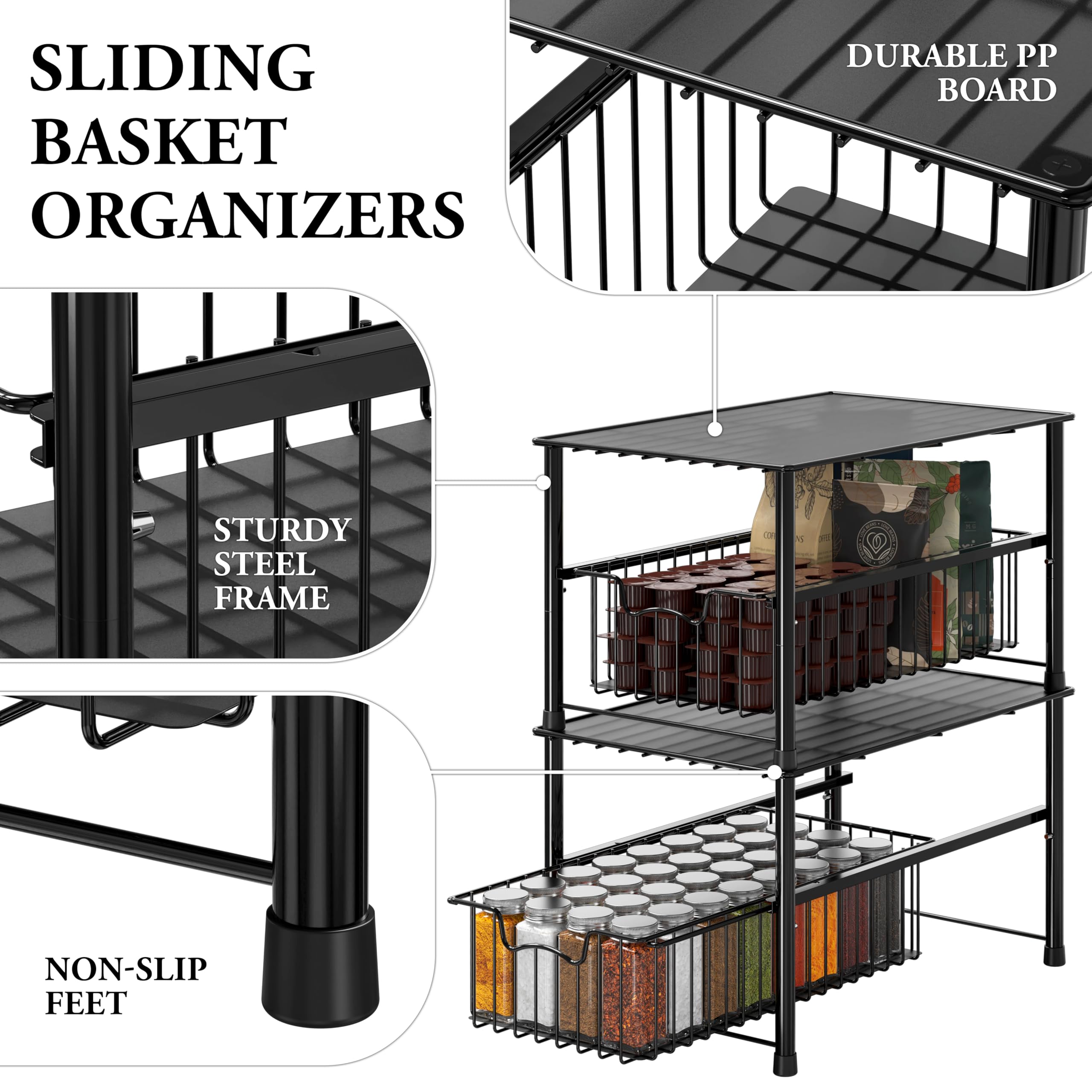 Simple Houseware Stapelbarer Unterschrank mit Schiebekorb und Schublade, Schwarz