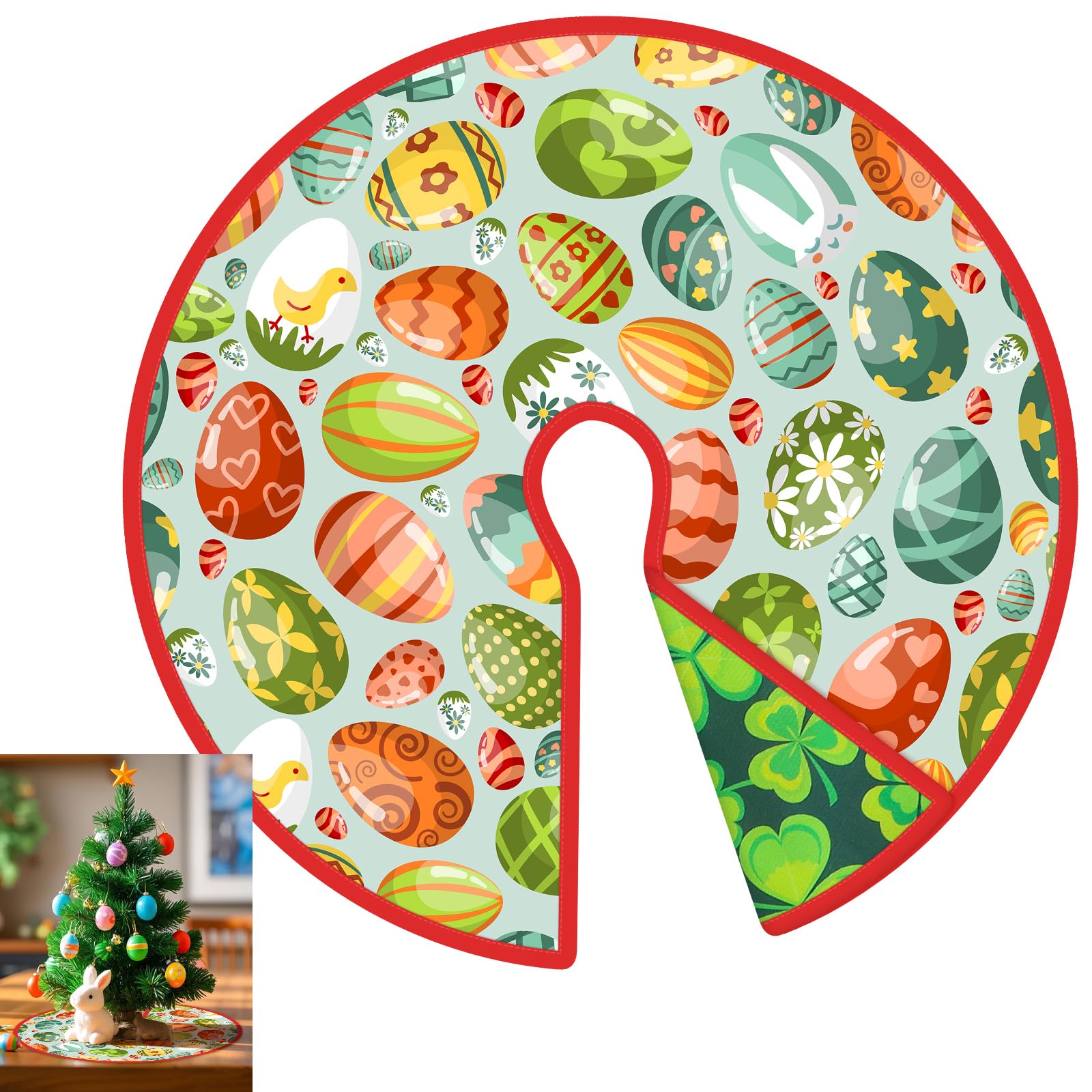 15 Inch Mini St Patricks Day/Easter Tree Skirt St Patricks Day Shamrock Easter Egg Reversible Double Sided Print Mat for Holiday Party Indoor Outdoor St Patricks Day Easter Tree Mat Decoration