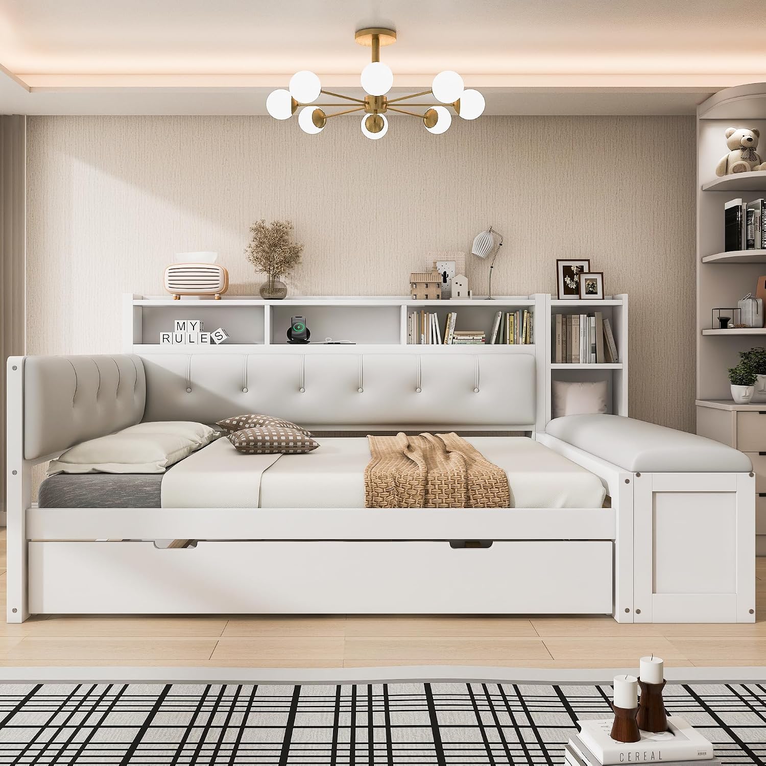 Full Size Daybed with Trundle, Storage Shelves and Upholstered Headboard, Wood Corner Bed with Charging, Bench with Drawers and Bookcase for Kids Boys Girls Teens, White+Cream