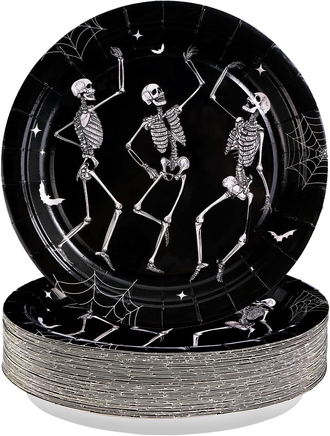 Grencian 50Pcs Halloween Paper Plates 9" Black White Smiling Skeleton Plates Disposable Skeleton Paper Plate Dinner Tableware Set for Halloween Holiday Skull Theme Party Decorations
