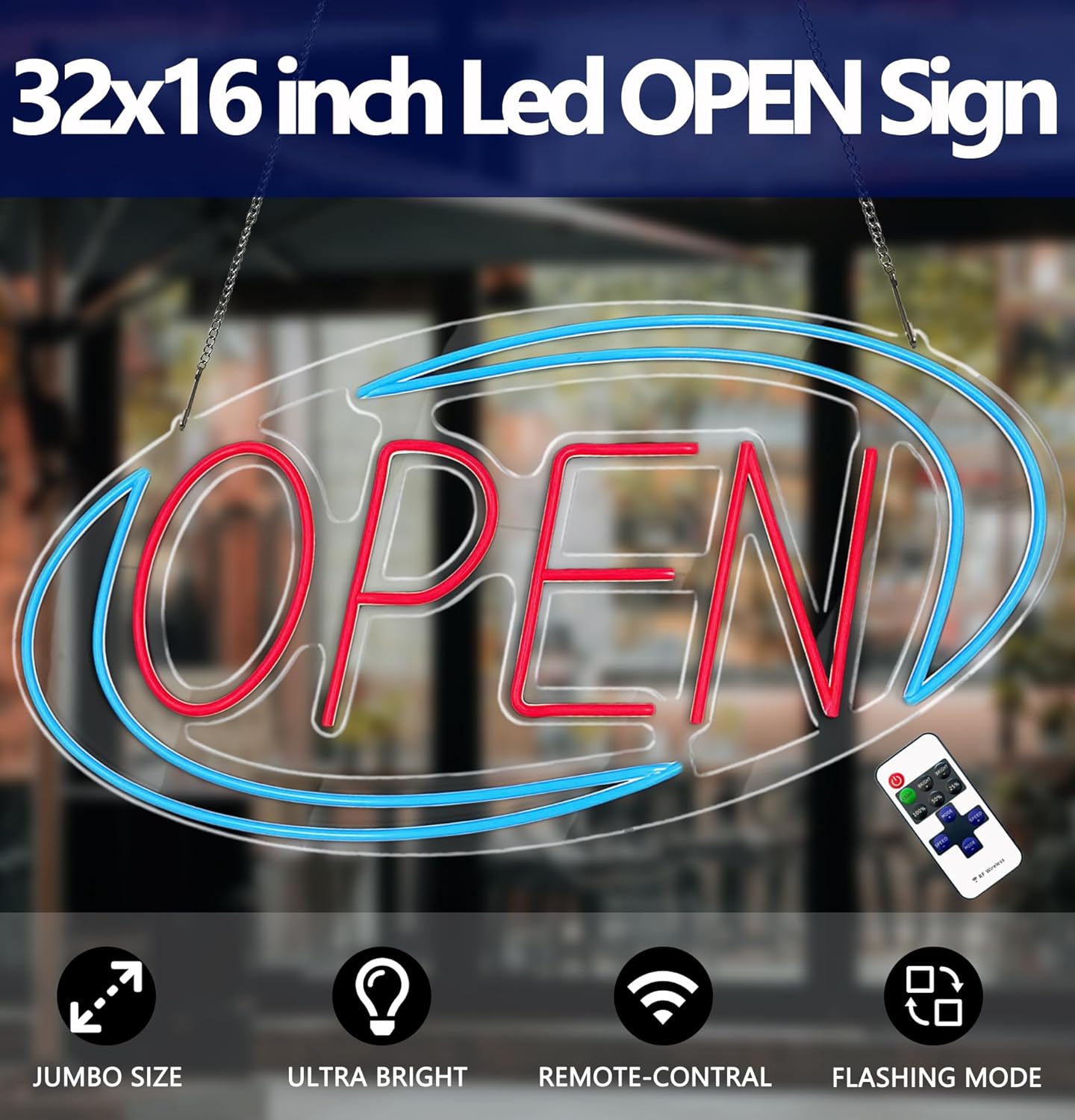 Open Signs for Business,Neon Open Sign Led,32"x 16",Remote Control Open/Closed Bussiness Hour Sign Set,Light for Bar Coffee Salon Store Window,12V/3A Adapter with ON/OFF Switch (Blue/Red Oval) - Image 2