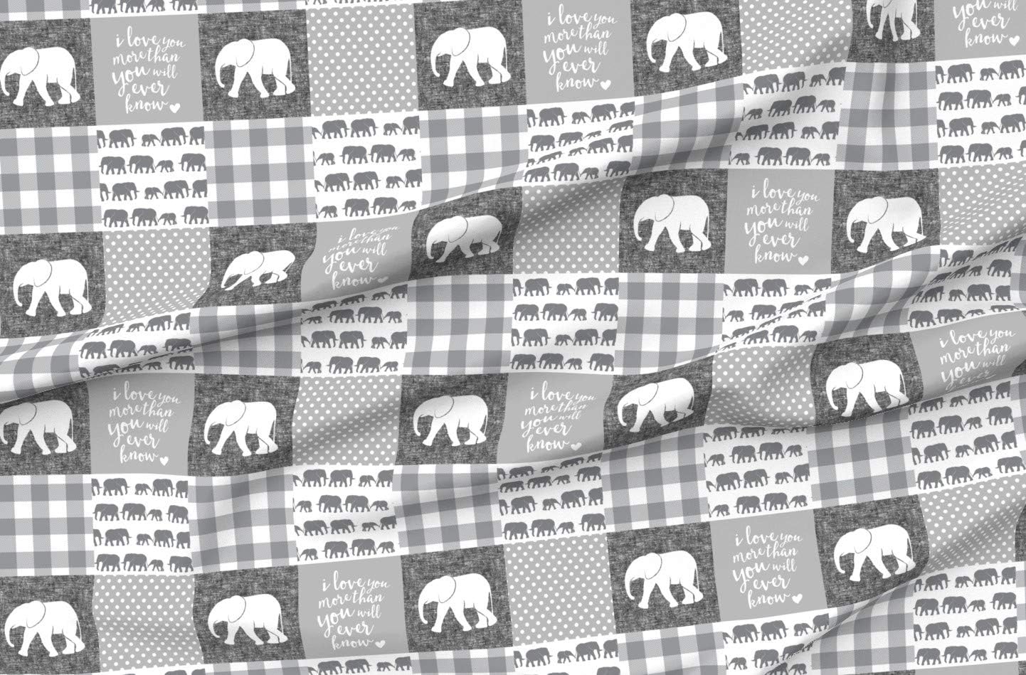 Spoonflower Fabric - Elephant Wholecloth Cheater Quilt Top Love Patchwork Plaid Gray White Printed on Minky Fabric by The Yard - Sewing Baby Blankets Quilt Backing Plush