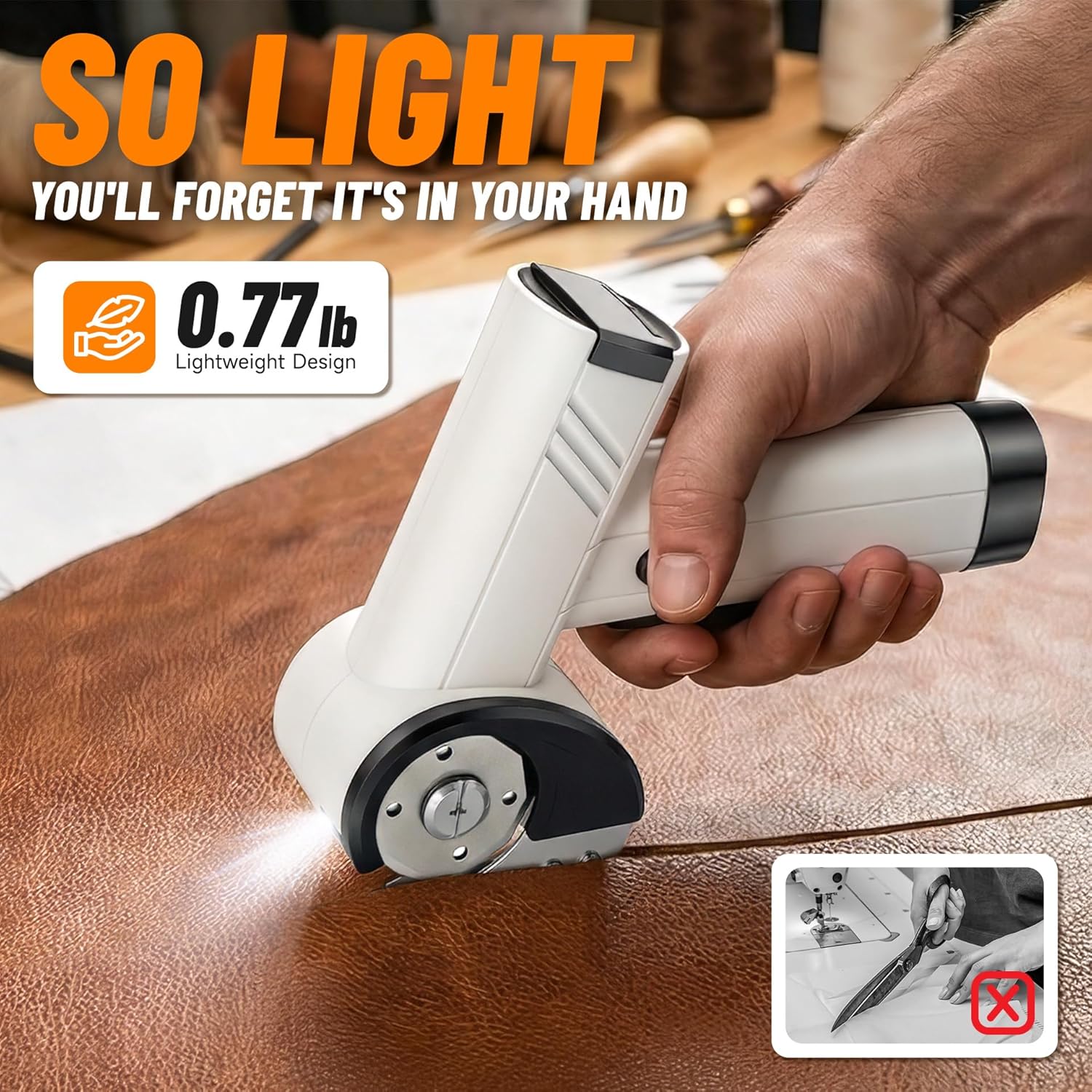 Cordless Electric Scissors, 4 Speeds Adjustment Rechargeable Rotary Cardboard Cutter, 4.2V Cardboard Box Cutter with LED Display & Extra Blades for Cardboard, Fabric, Leather, Carpet-White