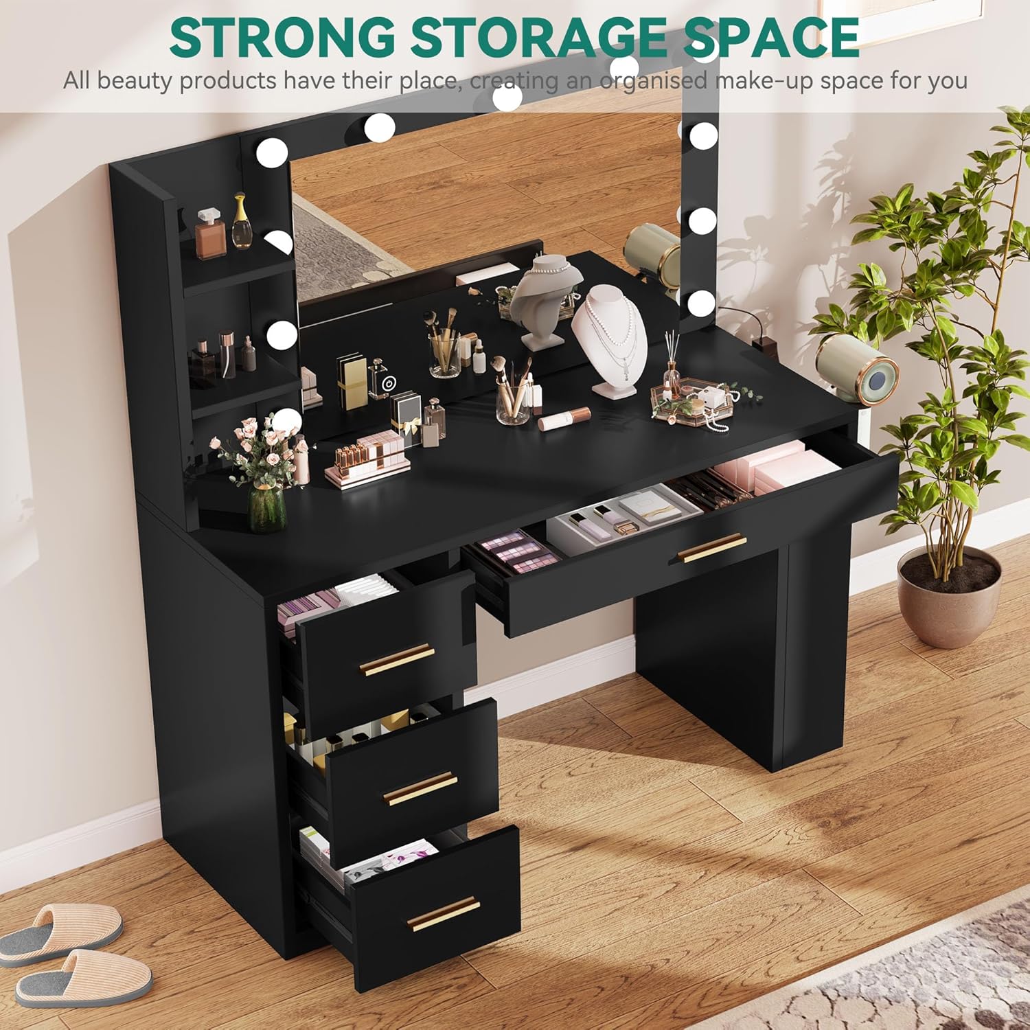 YITAHOME Vanity Desk with Mirror & Lights, Makeup Vanity Table Set with Power Outlet, 4 Drawers, 6 Open Shelves Above and 3 Adjustable Shelves Below, 3 Lighting Modes Dressing Table Black