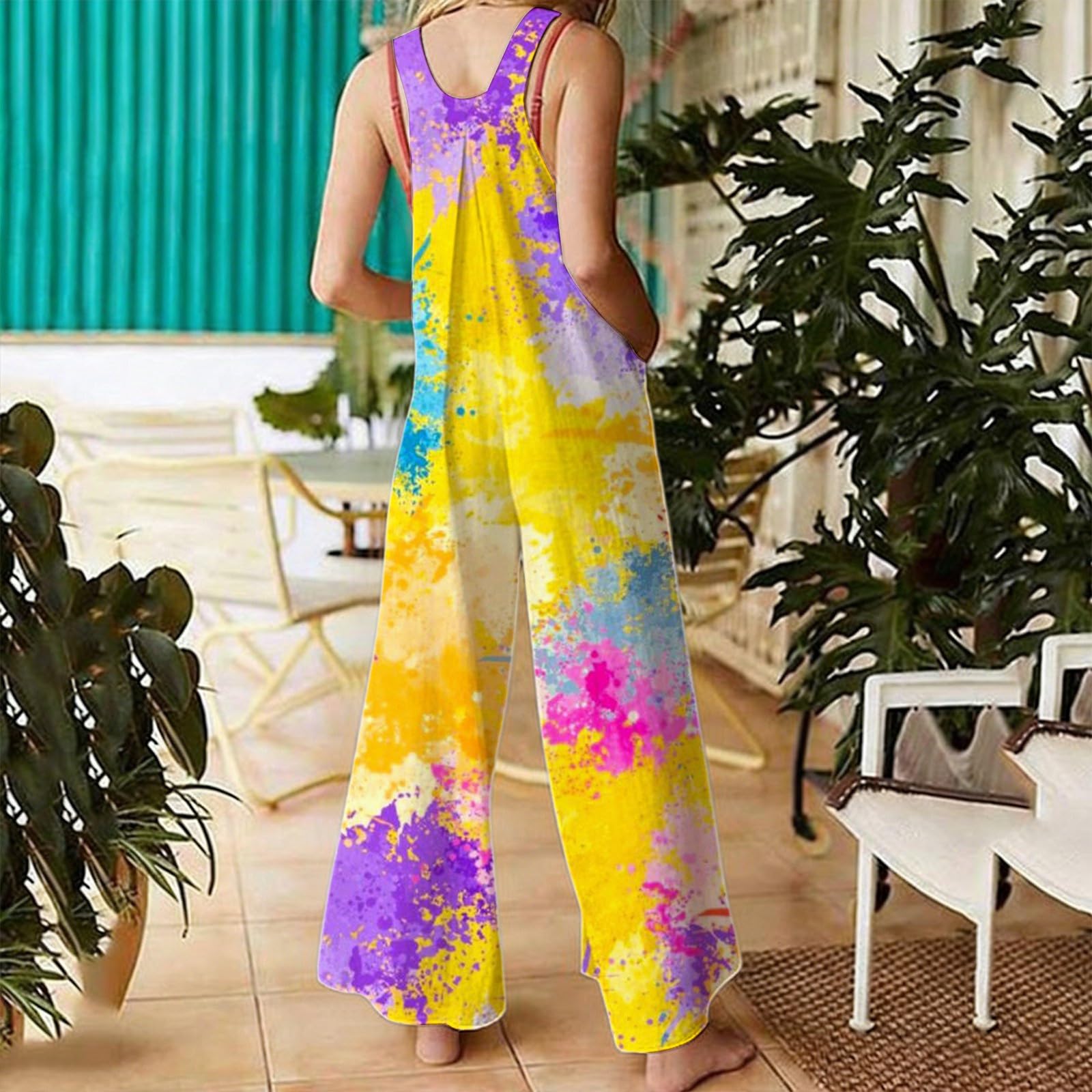 Salopette élégante pour femme avec motif batik - Pantalon long avec poches latérales pratiques - Coupe décontractée - Style bohème - Fleurs - Grenouillère large - Combinaison d'été