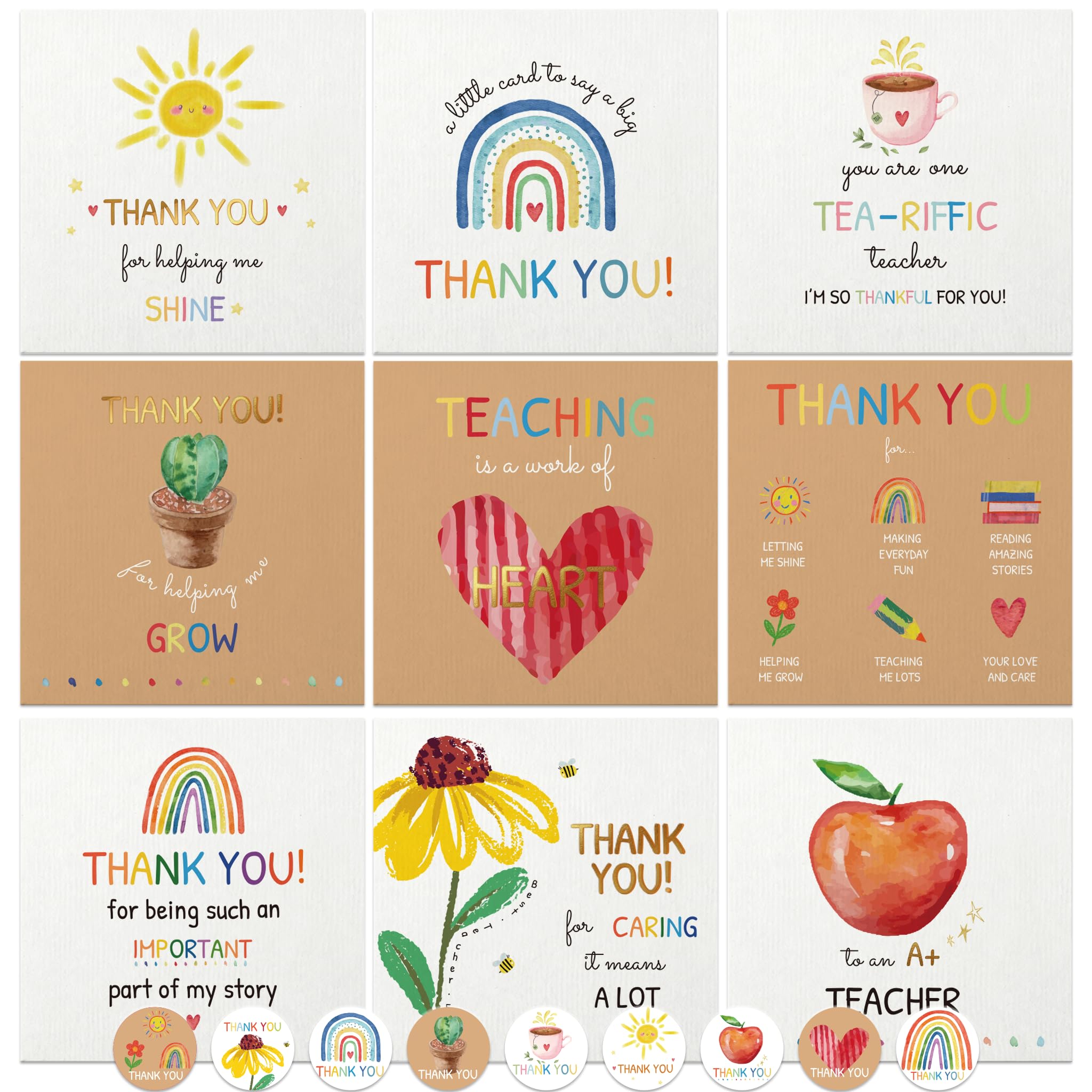 27 Teacher Thank You Cards 9 Classroom Designs with Gold Foil 15x15 cm