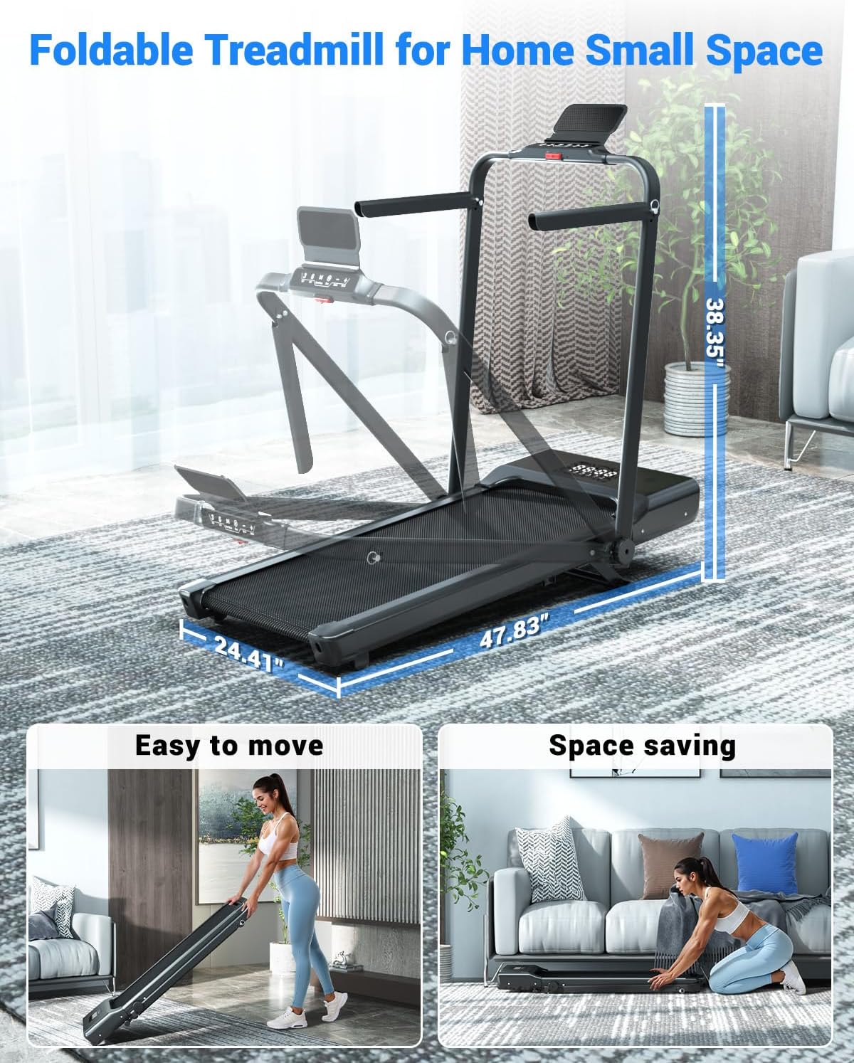 Superun Walking Pad Treadmill with Handle Bar, 300 LBS Capacity Treadmills for Home, 3.0HP Portable Under Desk Treadmill for Home Office with LED Display Remote APP Control