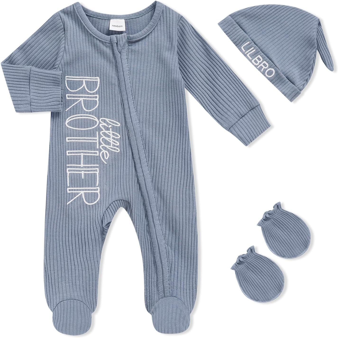 Newborn Baby Boy Fall Winter Outfits Zippered Romper Letter Embroidered Coming Home Jumpsuit with Hat Mittens
