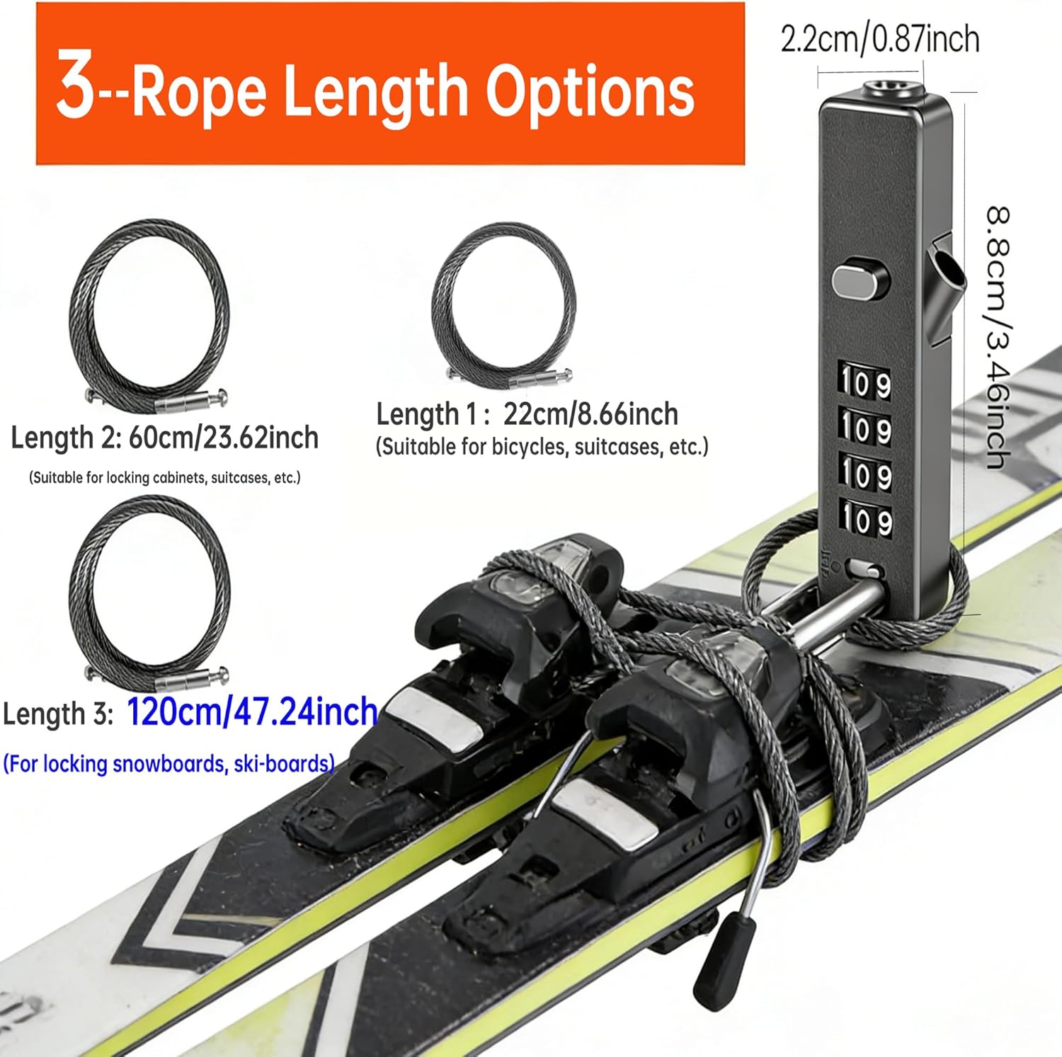3Pack Wire Padlock Snowboard Lock Combination Cable Lock 4-Digit Ski Lock with 9 Steel Replace Cables (9"+24"+47") Cable Rope Password for Luggage Bike Fence Cabinet Door Travel Suitcase