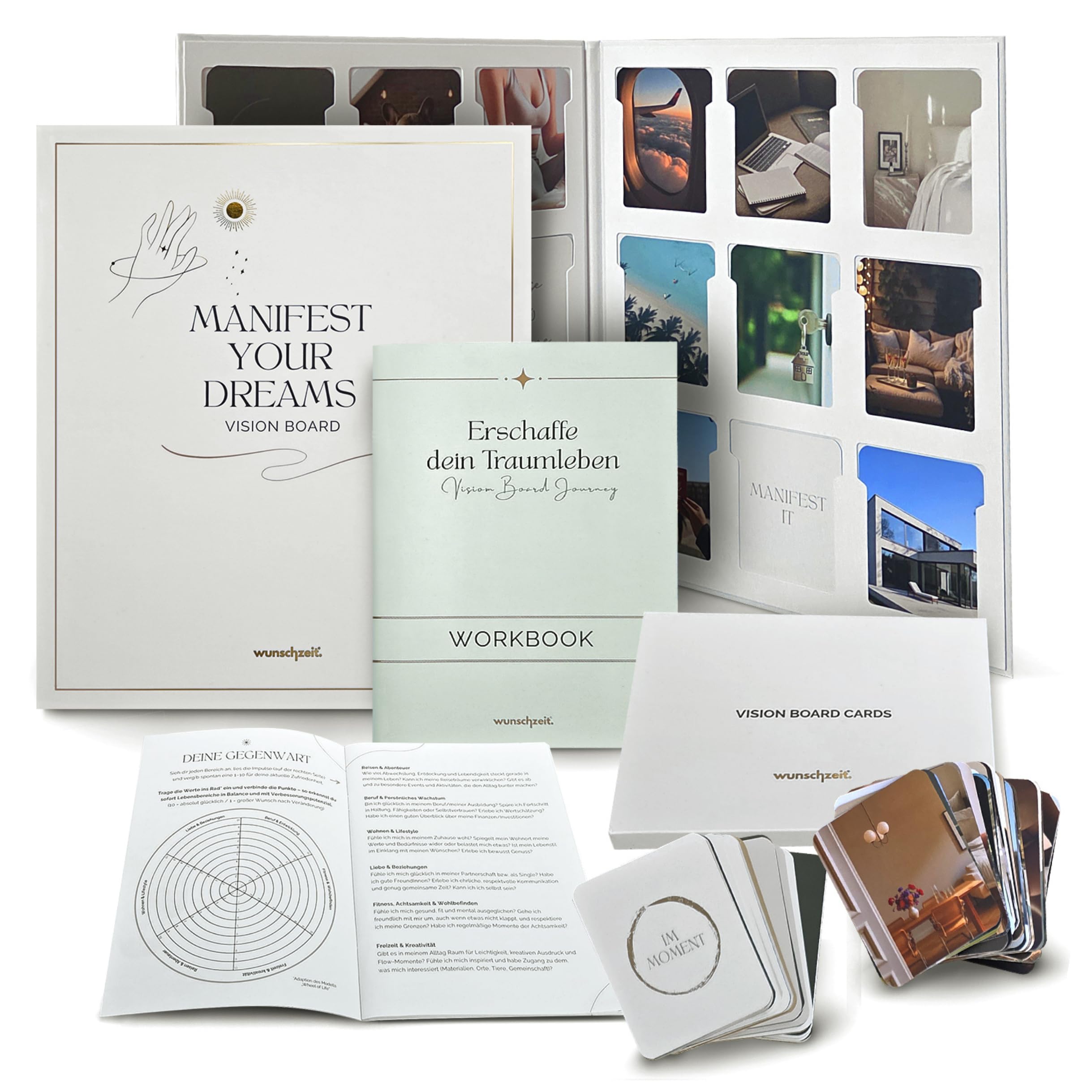 Vision Board Set – 200 Bildkarten & Affirmationen zum Manifestieren – inkl. 24 Seiten Workbook für Ziele, Klarheit & Motivation – Geschenkidee für Frauen