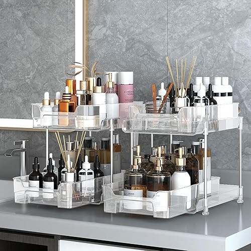 Miniatura 7 de Lovelyduo Organizador transparente de 2 niveles, paquete de 2 unidades, contenedor de almacenamiento deslizante multiuso, cocina, despensa,