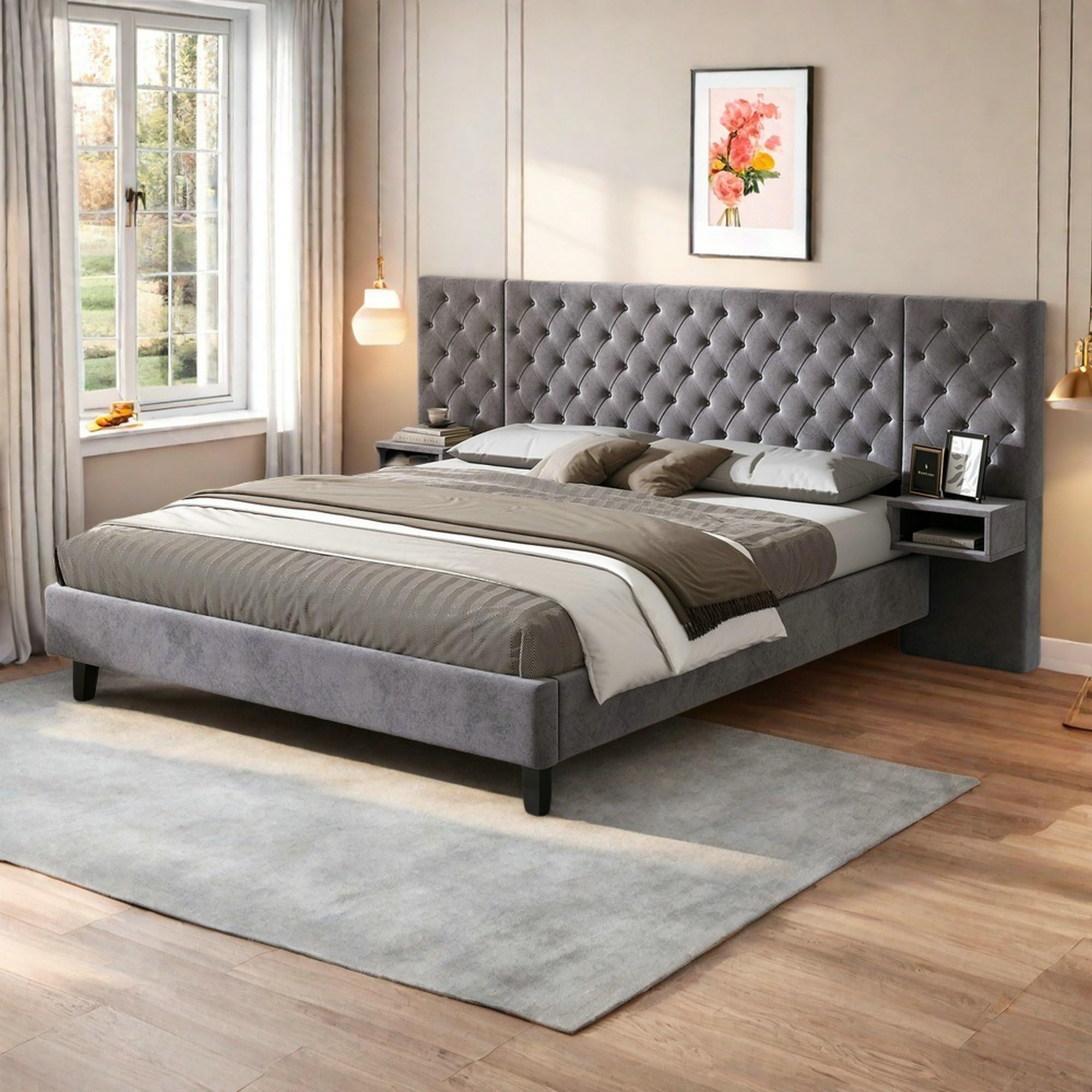 SOFTSEA Upholstered Platform Bed with Wide Tufted Headboard, King Size Velvet Bed Frame with 2 Nightstands, for Bedroom, No Box Spring Needed, Grey