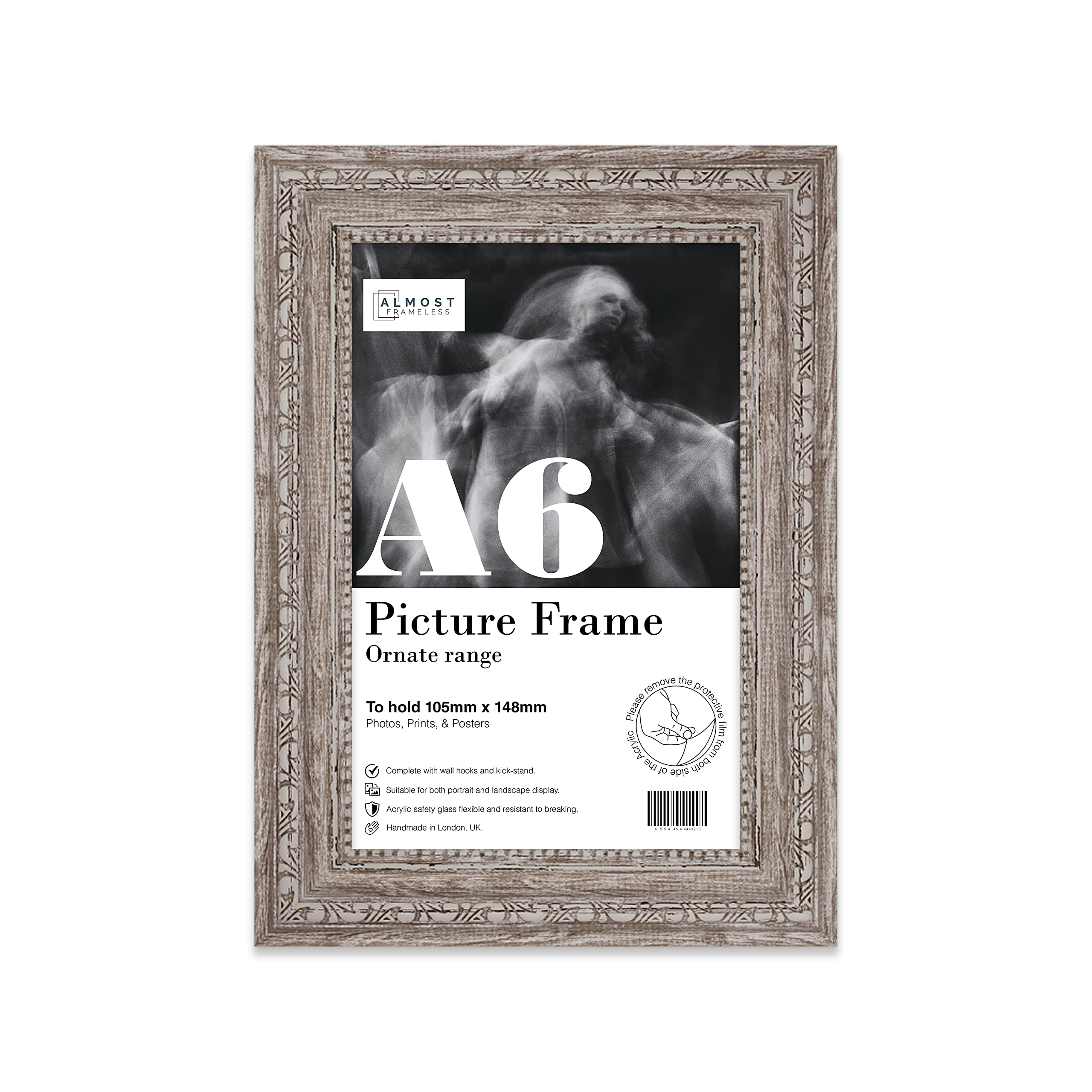 Almost Frameless A6 Walnut Ornate Picture Frame 4.1"x5.8"(10.5x14.8cm) Poster, Photo, Artwork, or Print. Antique Style Portrait and Landscape Display with Wall Hooks โ image 1