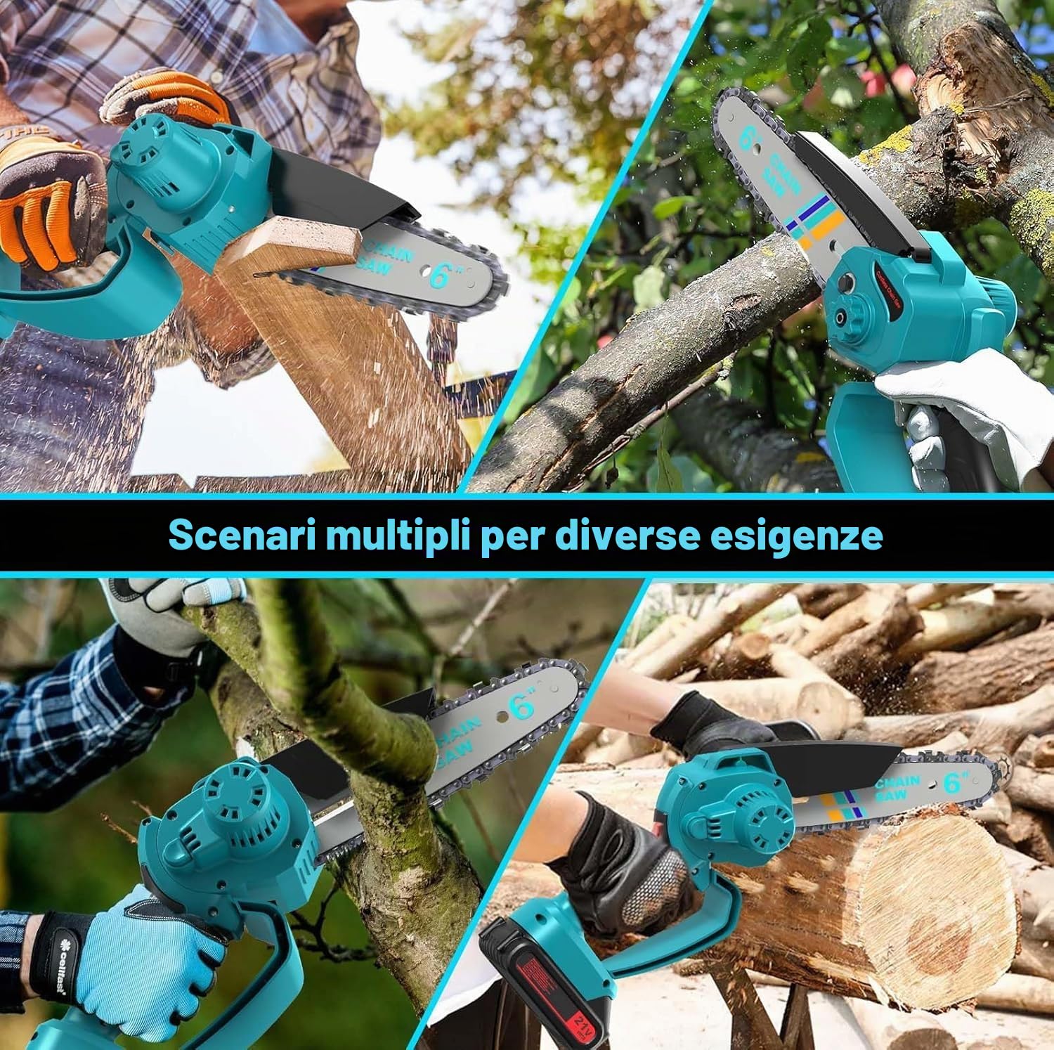 Mini Motosega a Batteria 6000mAh, 6 Pollici Motosega Elettrica con 2 Batterie, 2 Catene e Blocco di sicurezza per il Taglio Del Legno e Giardini