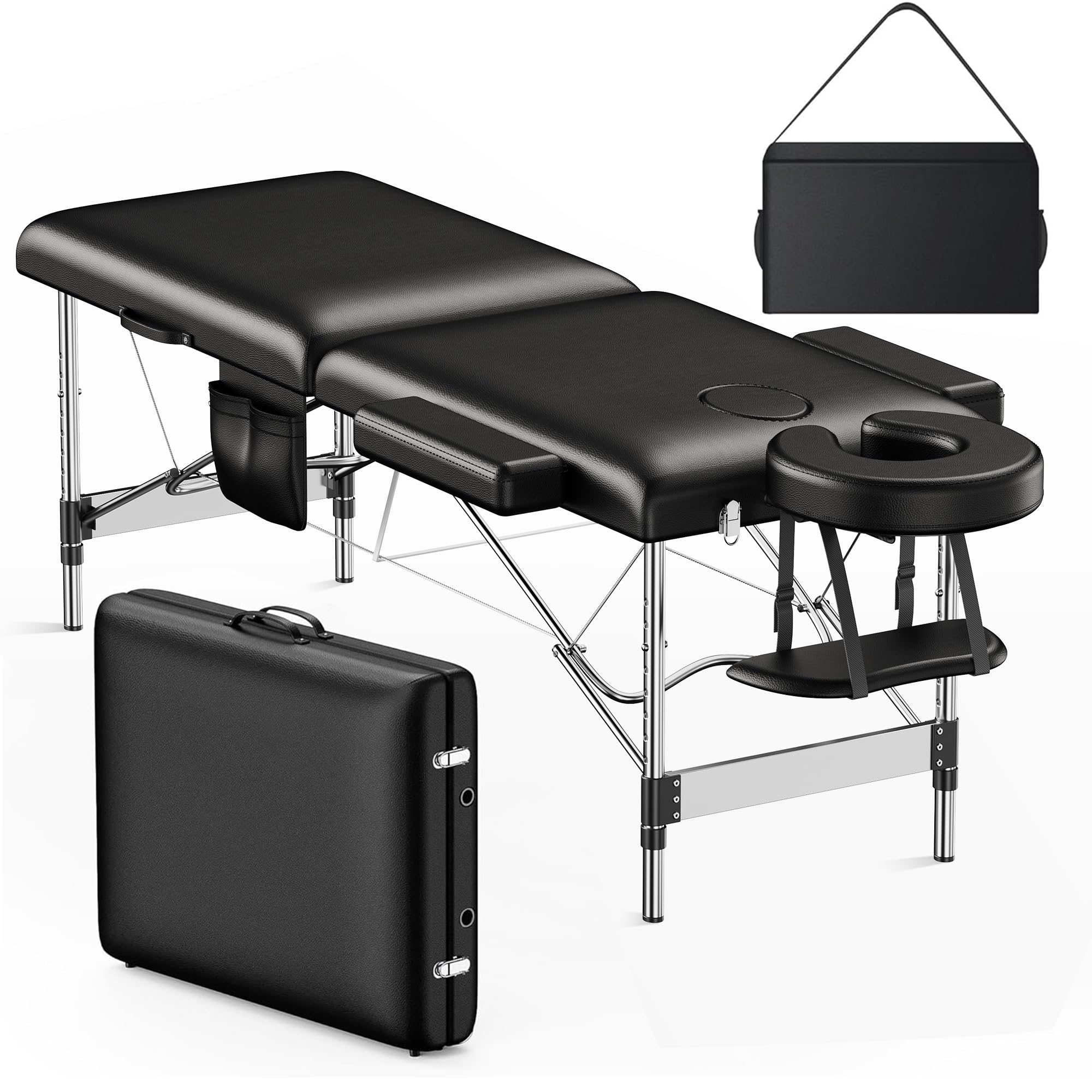 Brelley Massage Table Portable, 2-Fold Lash Bed with Side Pocket, Adjustable Height, Sturdy Aluminum Frame, Esthetician Spa Facial Tattoo Bed with Face Cradle & Carrying Bag, Black