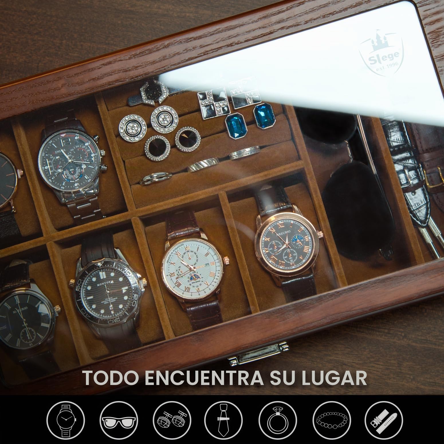 Slege Caja Relojes de Madera,con 6 Compartimentos,Joyero Organizador de Relojes,Caja de Reloj y Gafas de Sol,Expositor Gafas,Cubierta de Vidrio,para Anillo,Pendientes,Gemelos,Regalos Hombre y Mujer