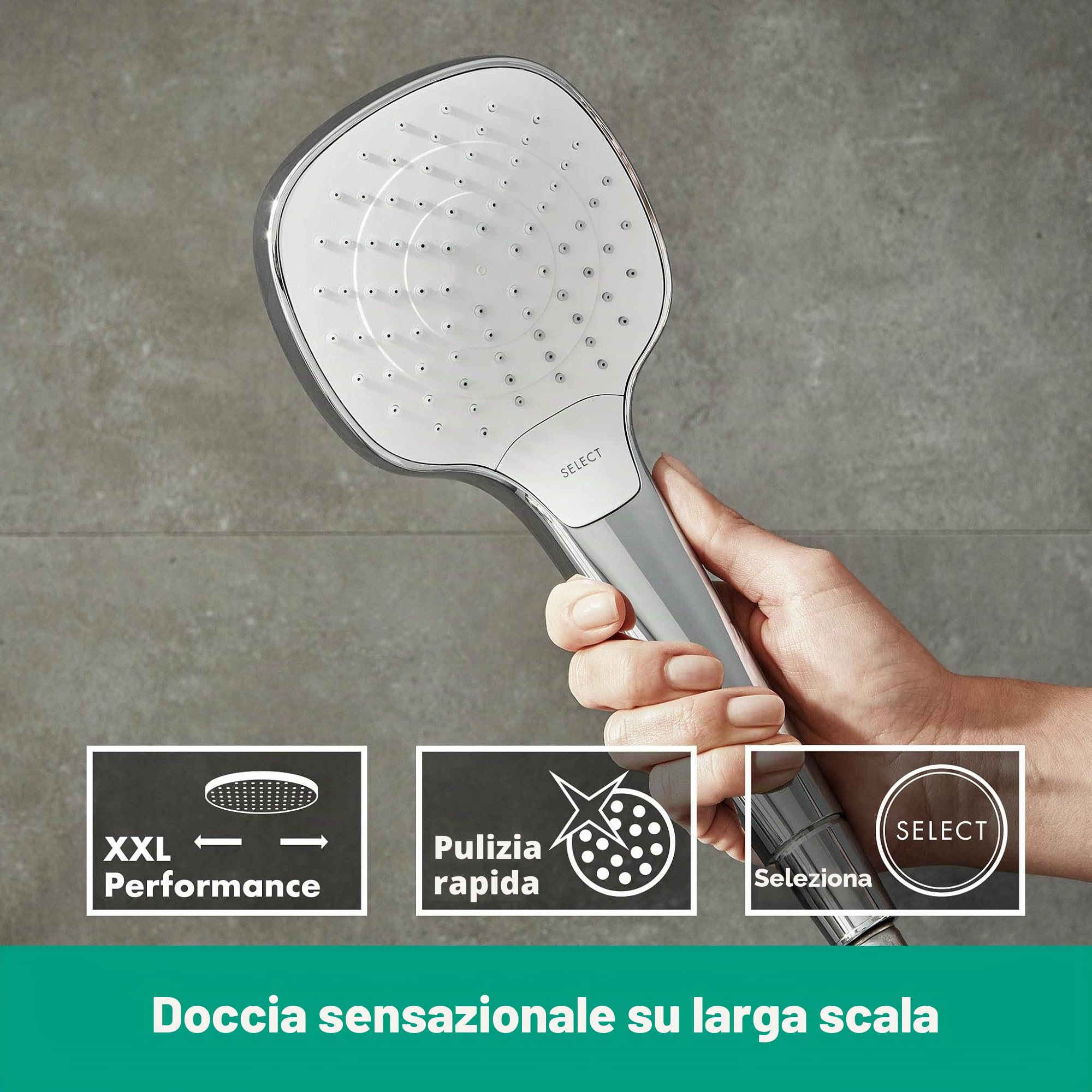 hansgrohe Croma Select E - Doccetta per doccia, Doccino con 3 getti, Soffione doccia quadrato (110 x 110 mm) con funzione anticalcare, bianco/cromo, 26812400