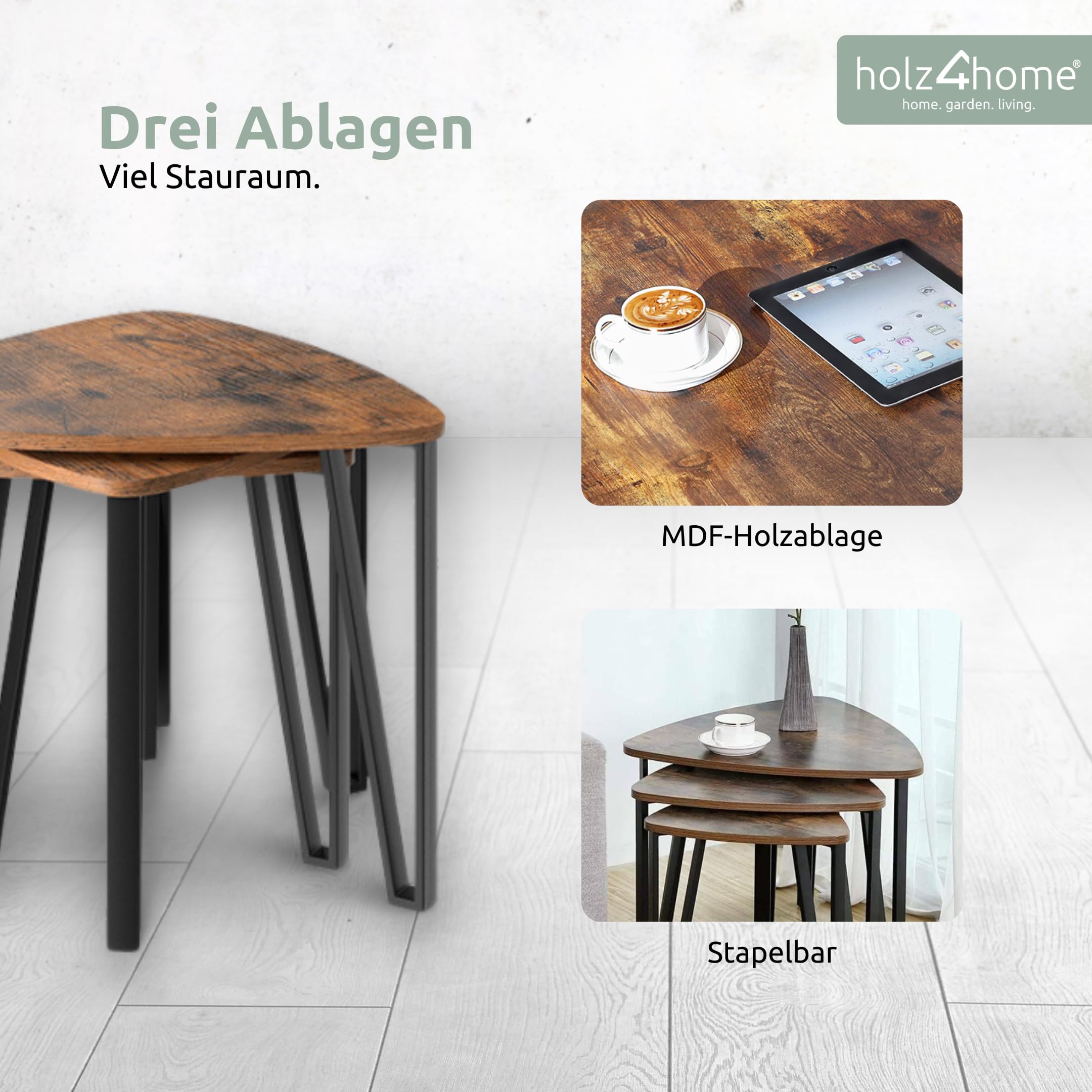 holz4home® Beistelltisch Radon im 3er Set I Industrial-Look Braun I Wohnzimmertisch I Modernes Beistelltisch Set I DREI Ablagen I Vintagetisch Teetisch Vintage Sofatisch Fernsehtisch