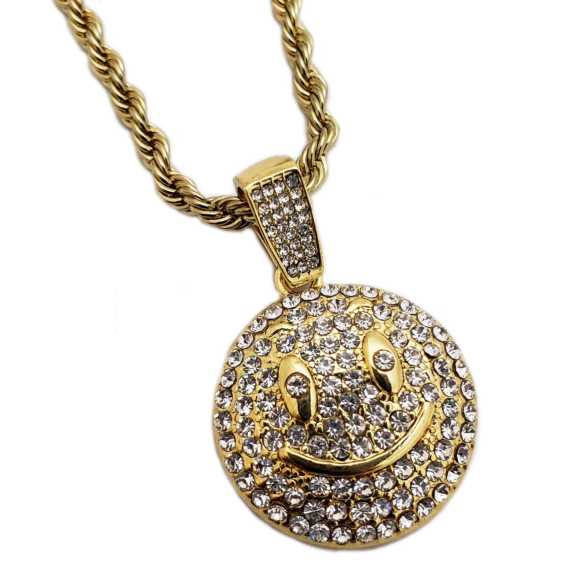 BLINGFACTORYHip Hop Iced Emoji Smile Face Charm Pendant & 4mm 24" Rope Chain Necklace