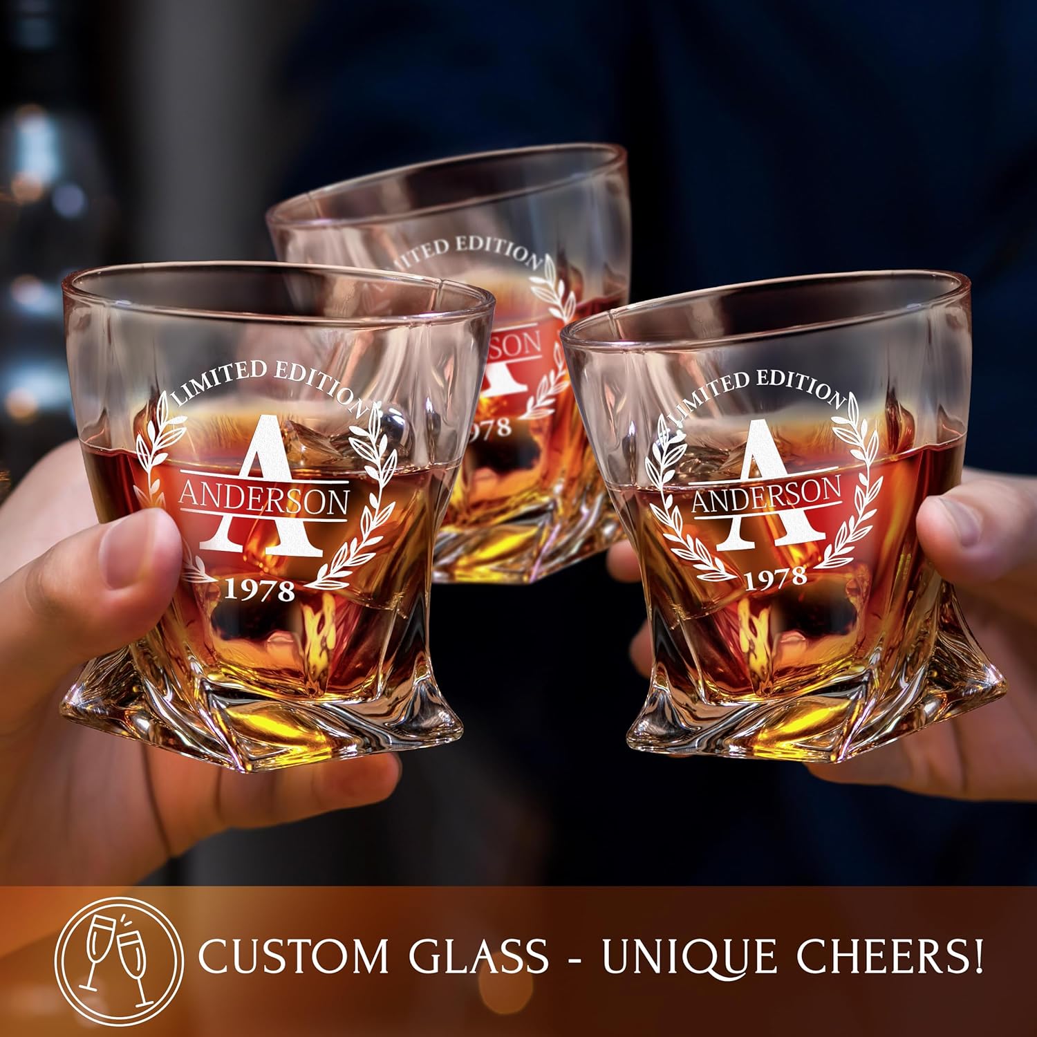 Personalized Whiskey Decanter and Glasses Set - Customized in USA Gift for Him - Men, Dad, Father, Brother, Son - Engraved 30 oz/ 890ml Twisted Whiskey Decanter, 4 XL Glasses in Wooden Gift Box