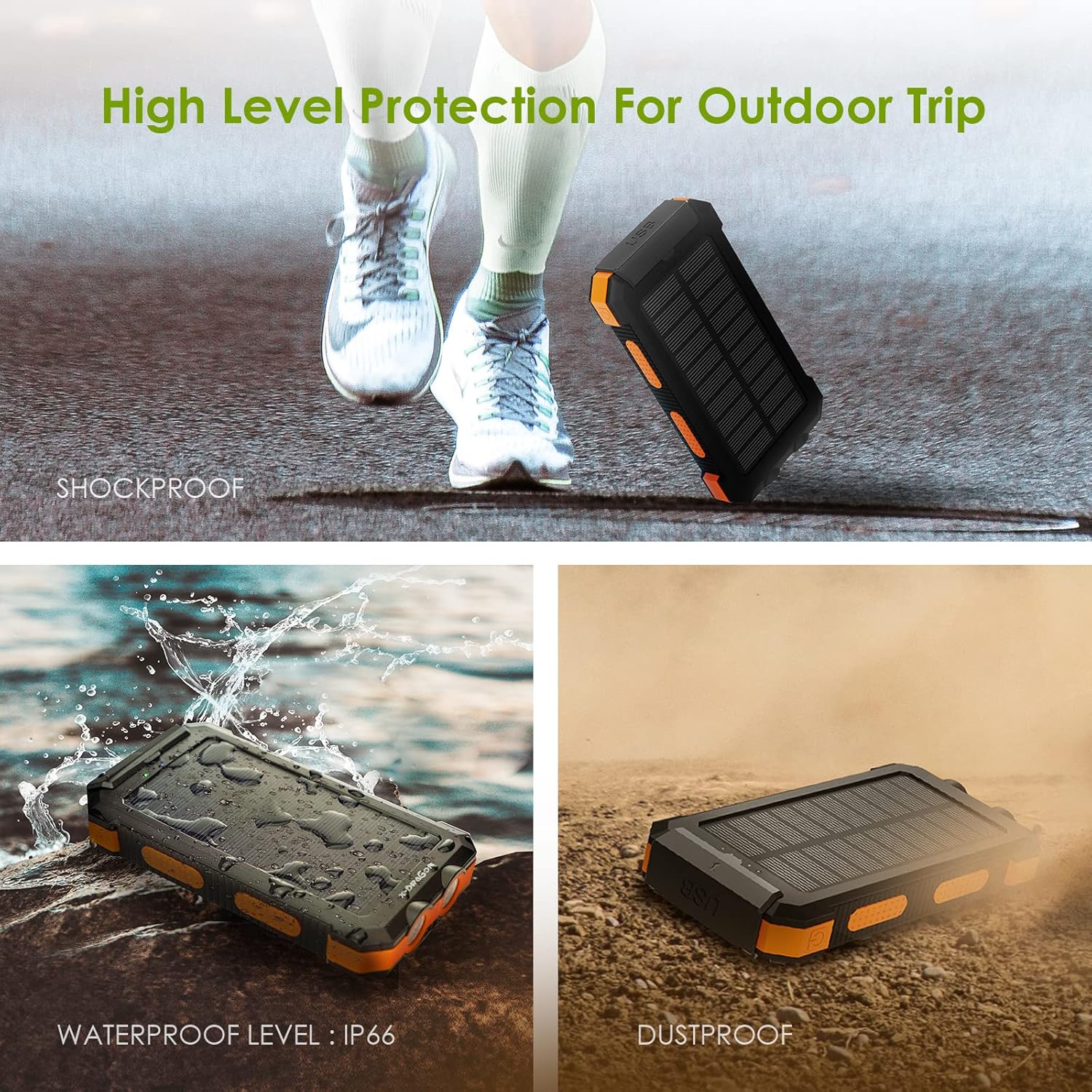 Three images showing the X-DRAGON solar charger's durability: shockproof, waterproof (IP66), and dustproof features.