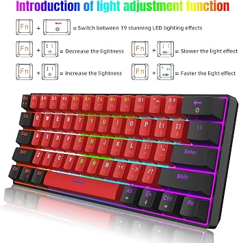 Snpurdiri 60% Compact Size Mechanical Gaming Keyboard - Red Switches | USB-C Wired | UK Compatible US Layout | 16.8M RGB Backlit | Portable for PC & Laptop (Black-Red)