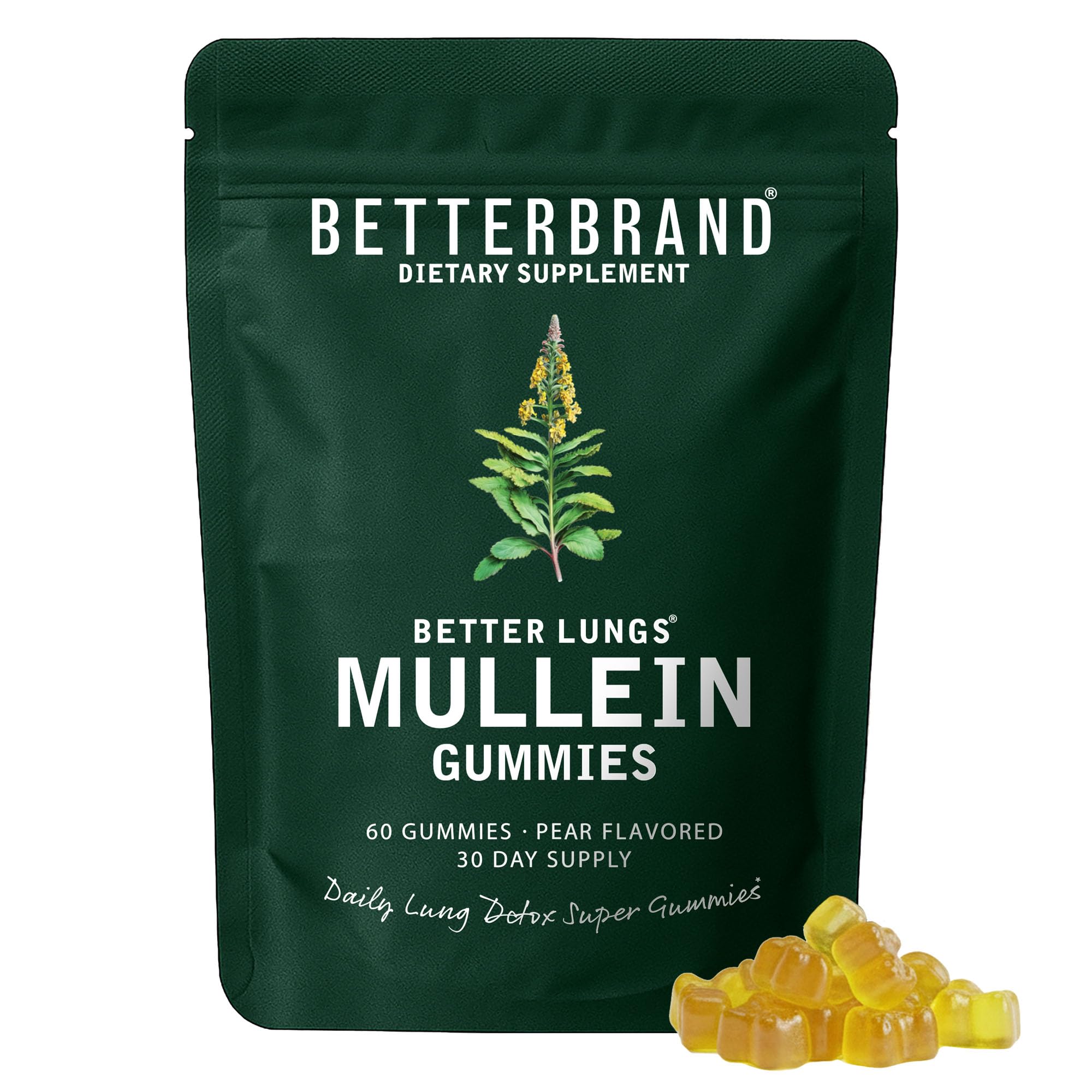 Betterbrand Mullein Chewable Gummies for Lung Cleanse and Detox, Respiratory Health Supplement, 1000mg Mullein Extract per Serving, 60 Gummies - 30 Day Supply - Pear Flavored