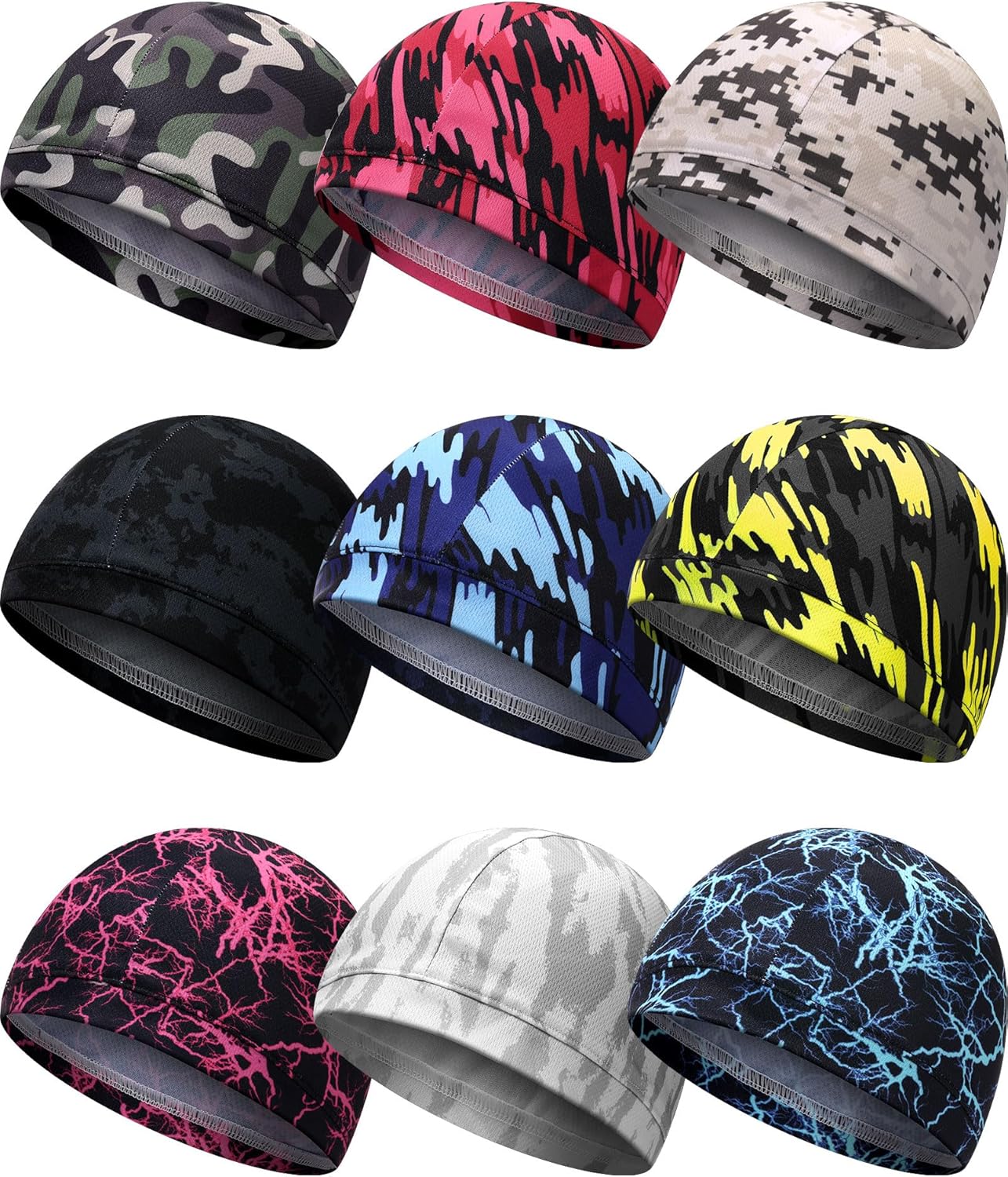 9 Pcs Cooling Skull Cap Camo Liner Sweat Wicking Lightweight Cycling Cap Running Hat for Men Women