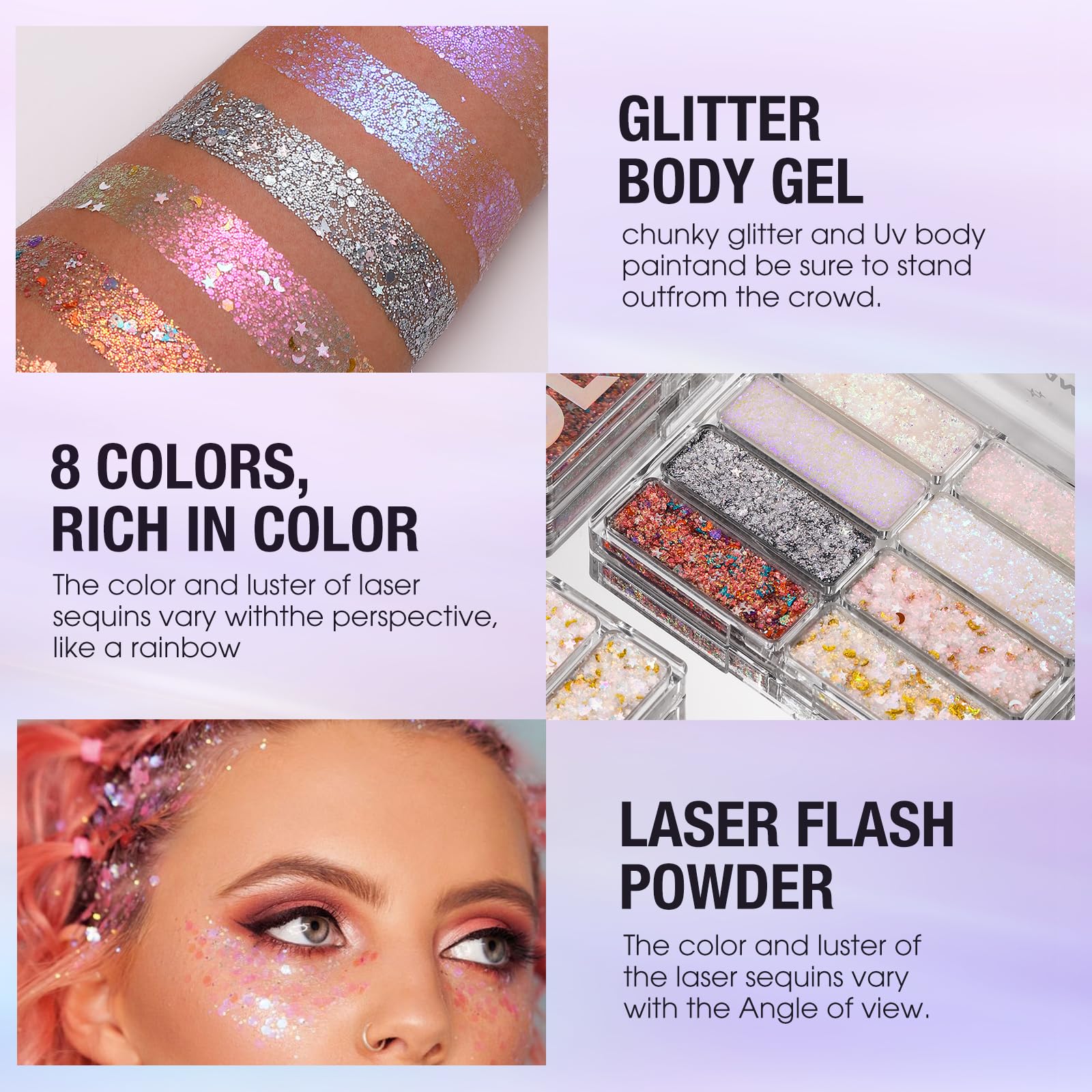 Paleta de purpurina de 8 colores para rostro y cuerpo, lentejuelas holográficas cambiantes de sirena para mujeres y niñas, festivales de música, fiestas, maquillaje rave (#A) 6