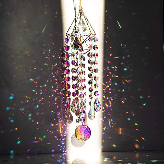 Crystal Suncatcher Wind Chimes,Chandelier Aurora Rainbow Sun Catcher Glass Prisms Ornament,Window Hanging Pendant Garden Outdoor Decor