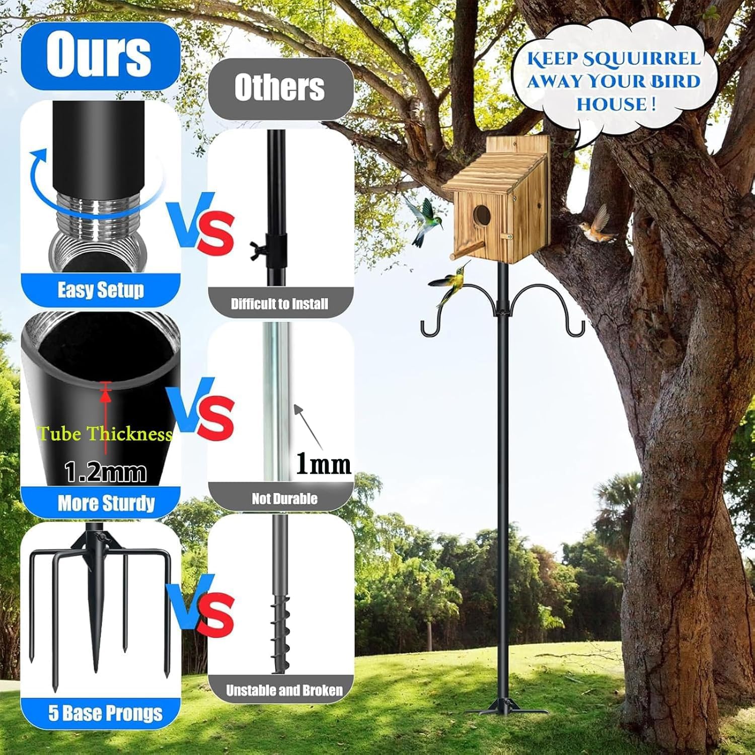 QwayHome Smart Bird Feeder Pole Kit, 80 Inch Bird House Pole Mount Kit for Outdoor Smart Bird Feeder & Wooden Birdhouse & Weather Station,1Inch Dia Poles,Heavy Duty, Adjustable, 5-Prong Base