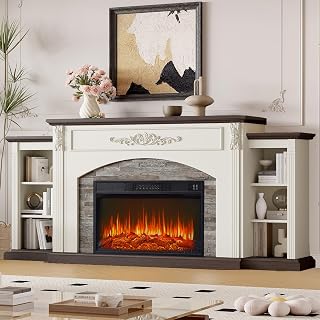 78" Electric Fireplace with Mantel, Fireplace TV Stand for TVs Up to 90 Inch, Entertainment Center with 30inch Fire Place Insert & Realistic Stacked Stone Surround for Living Room