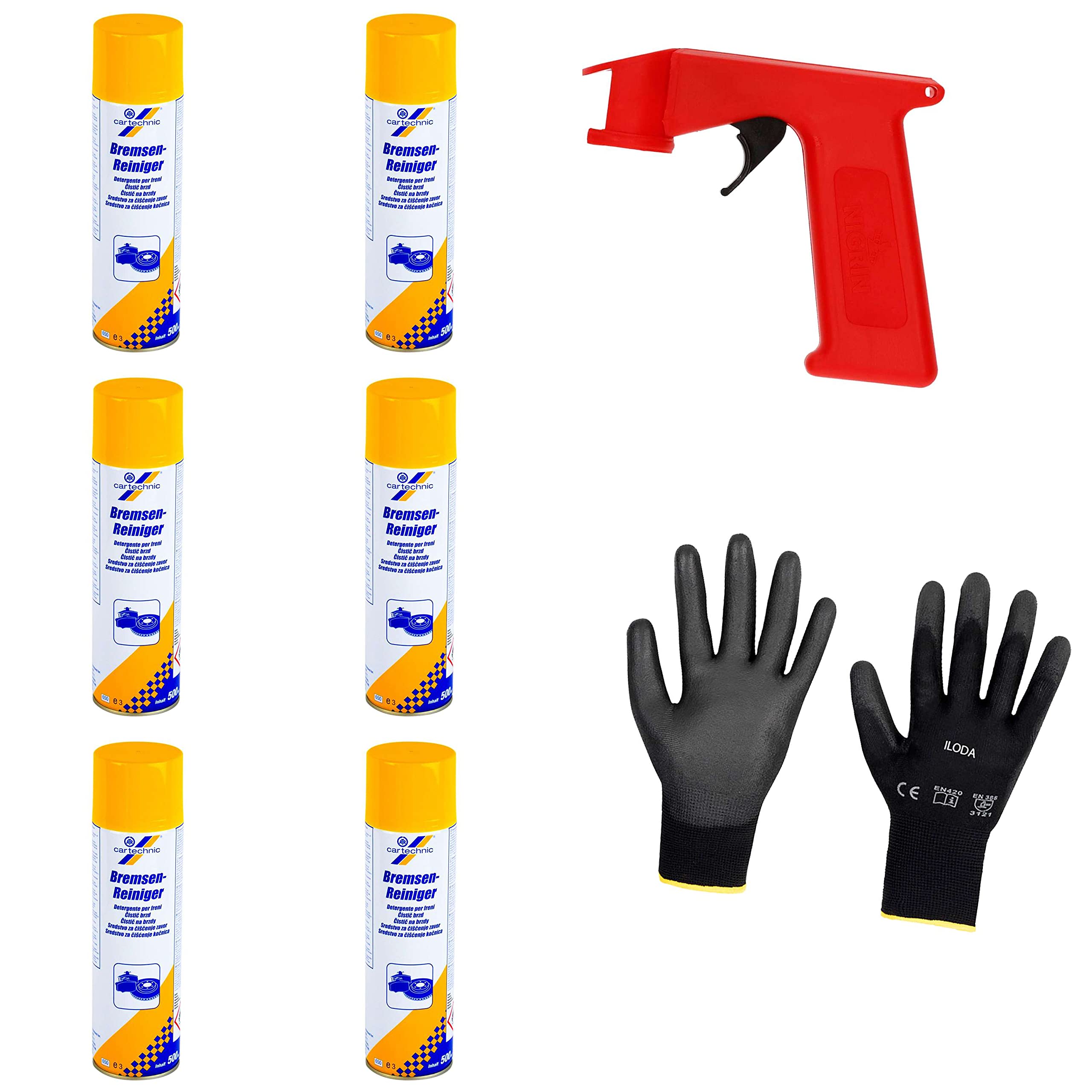 Schutzhandschuhe + Sprüh-Pistolengriff (rot oder schwarz) + 6X 500ml cartechnic Bremsenreiniger Spray, Entfetter, Ölentferner, Fettentferner