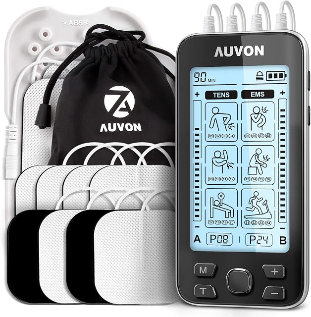 AUVON 4 Outputs TENS Machine for Pain Relief, TENS EMS Muscle Stimulator with 24 Modes, 2" and 2"x4" TENS Electrodes Pads (Black)