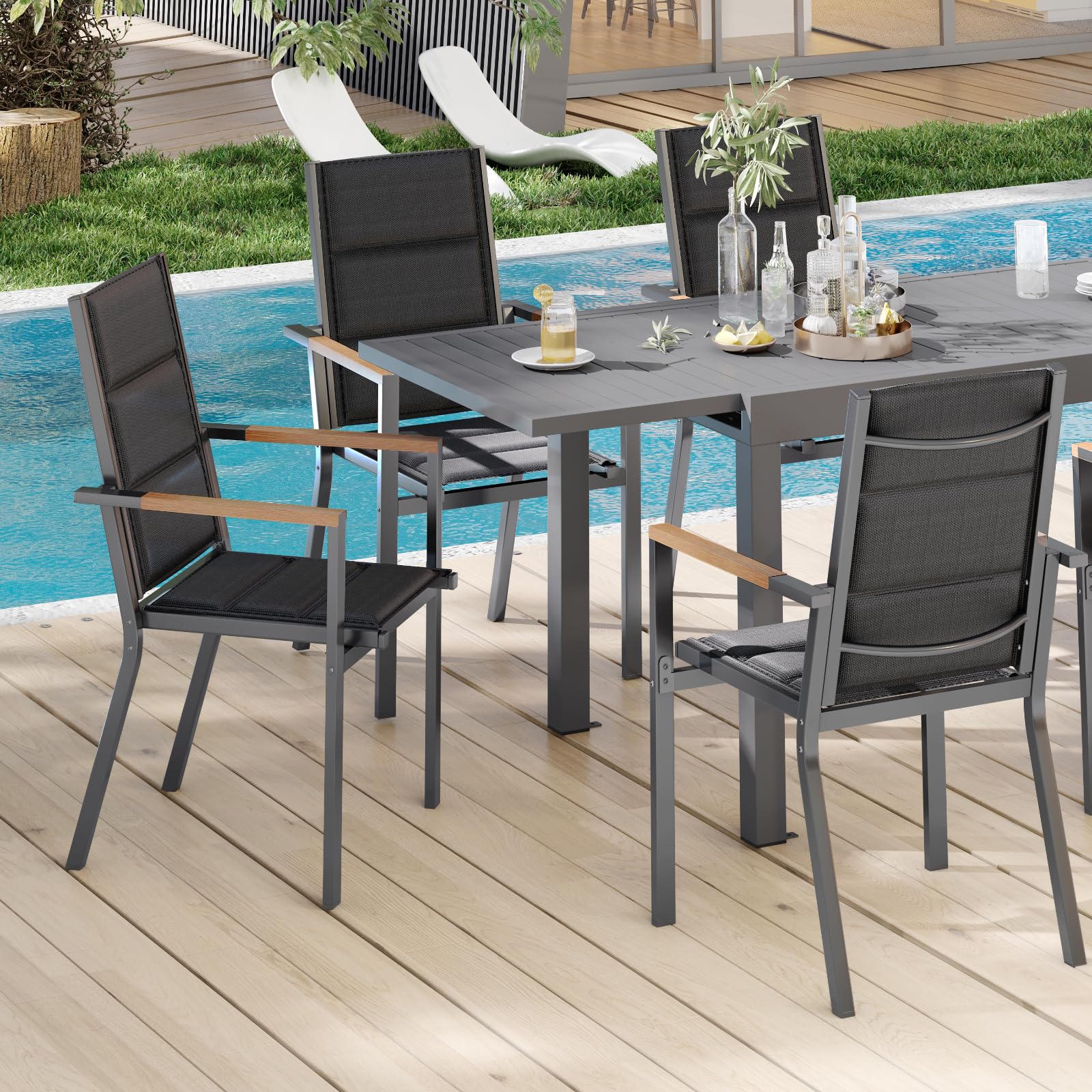 Devoko Ensemble De 2 Chaises De Jardin Exterieur, Chaise De Salle À Manger Empilable en Aluminium, Chaise Fauteuil, pour Le Jardin, La Piscine, La Terrasse, Meubles d'extérieu, Gris Foncé