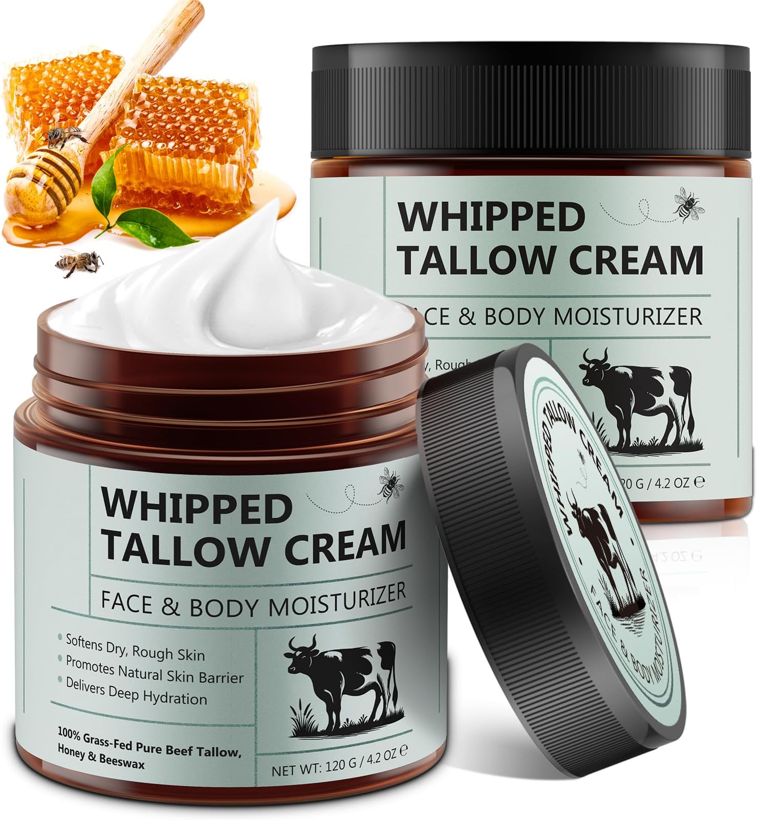 Beef Tallow for Skin, 2PCS Tallow and Honey Balm, Beef Tallow for Face, Organic Grass Fed Whipped Beef Tallow with Honey Beeswax, Deeply Moisturizing for Face Body, Unscented Fast Absorption, 4.2 Oz