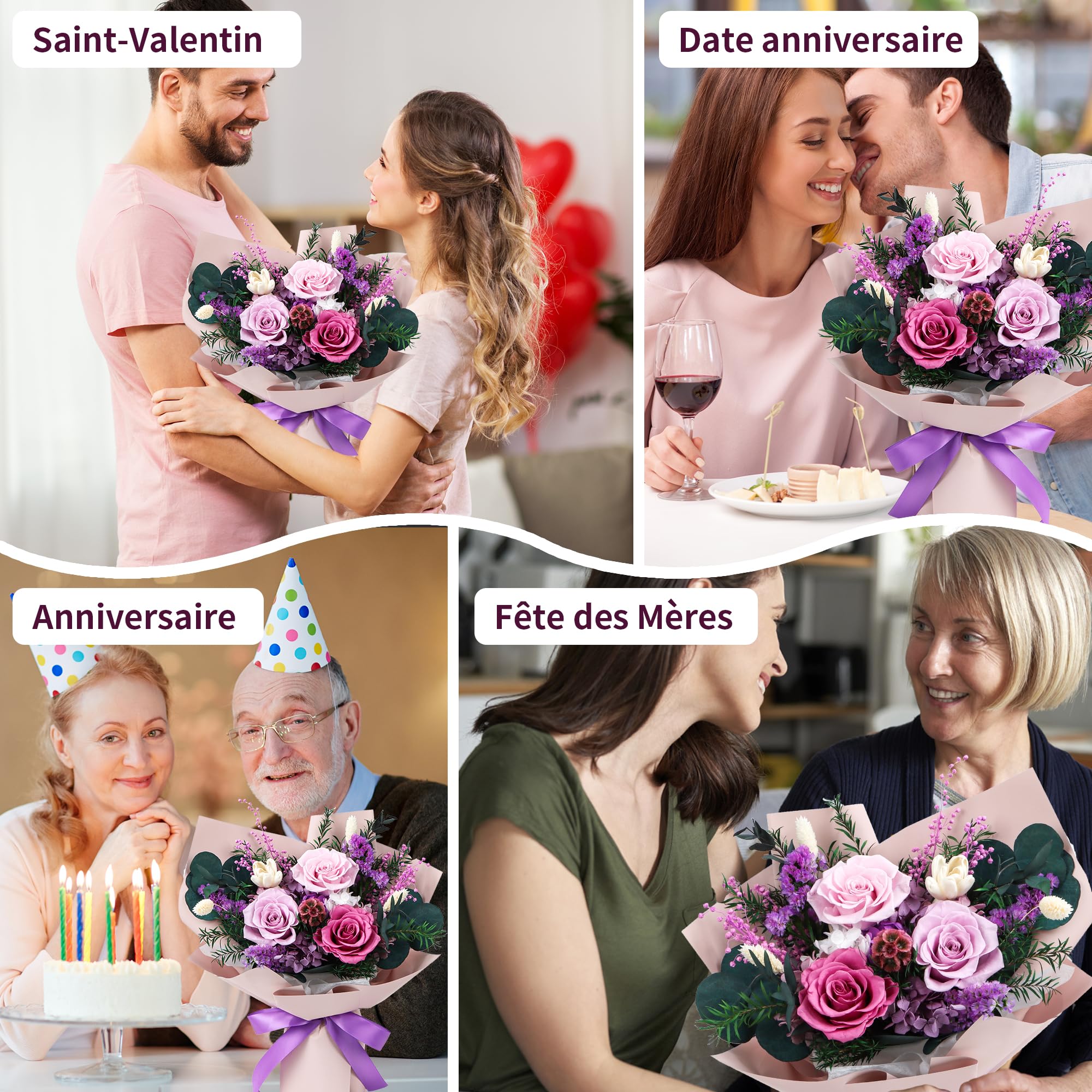 Bukiet zakonserwowanych kwiatów, prawdziwe wieczne kwiaty, prezenty dla kobiet, prezenty urodzinowe dla mamy, przyjaciół, jej dziewczyny, siostry, na walentynki (Pastel Lilac)