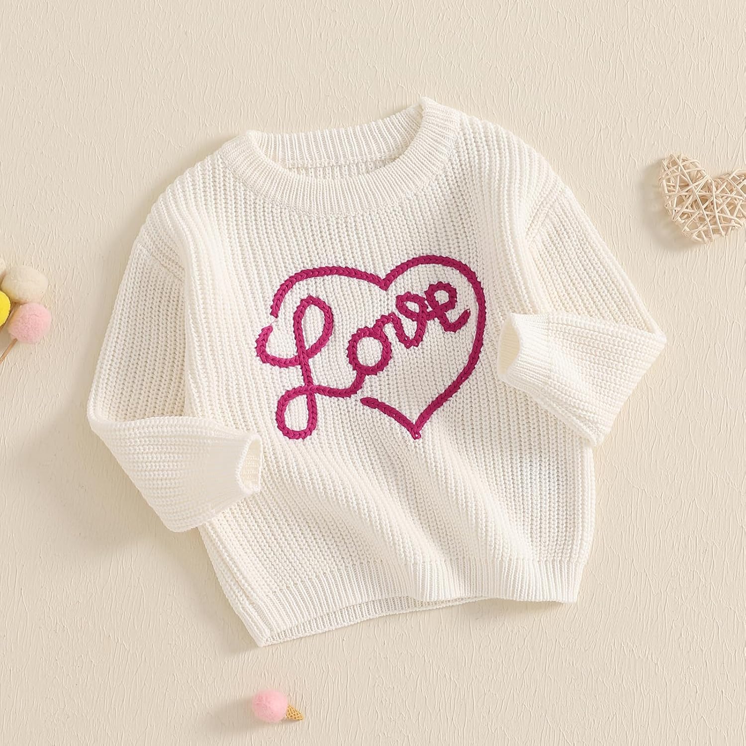 Baby Girl Cute Long Sleeve Heart Flowers Embroidery Oversized Sweater Toddler Valentine Outfit - Image 4