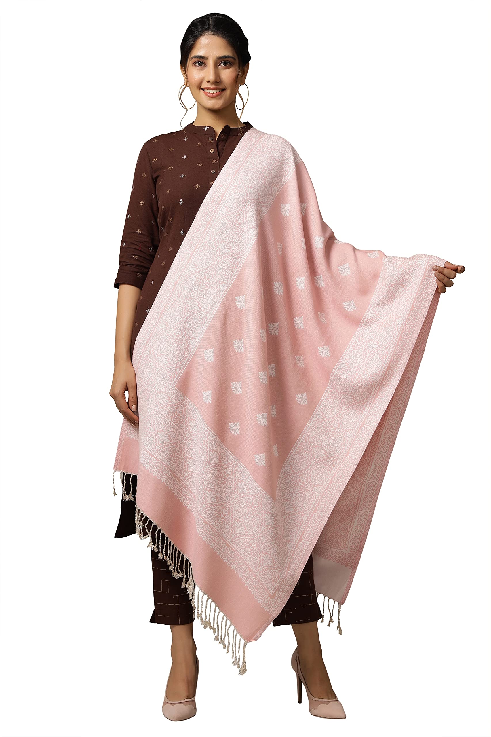 Ravaiyaa - Attitude is everything Ethnic Kani Poly Wool Women's Weave Stole/Large Scarf Wrap from Kashmir (Pink)-image-38