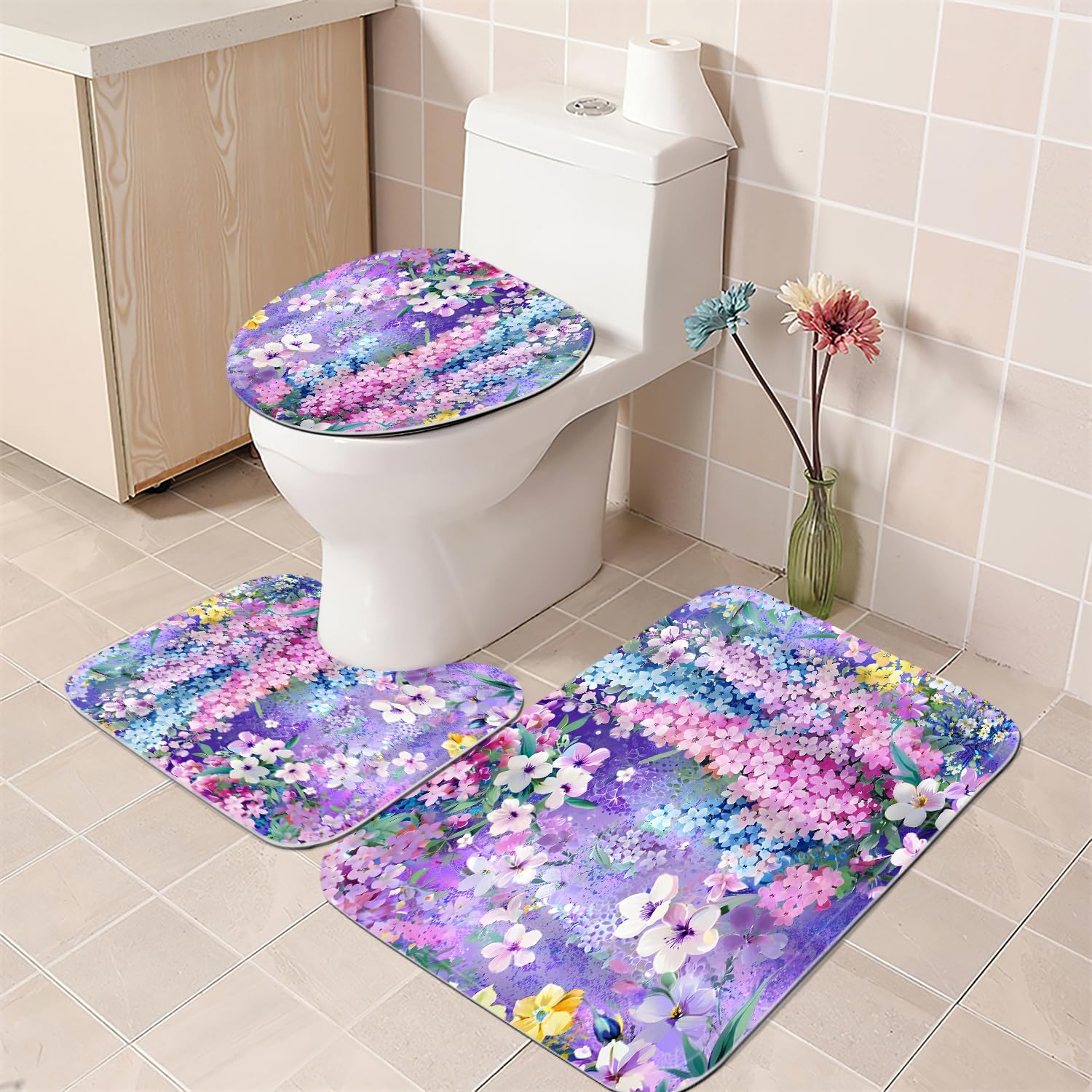 Nkzply 4-Piece Purple Floral Shower Curtain Cute Colorful Flower Bathroom Set with Shower Curtain and Rugs, Pretty Funky Watercolor Cloth Bath Set with Hooks for Farmhouse Home Decor image 3