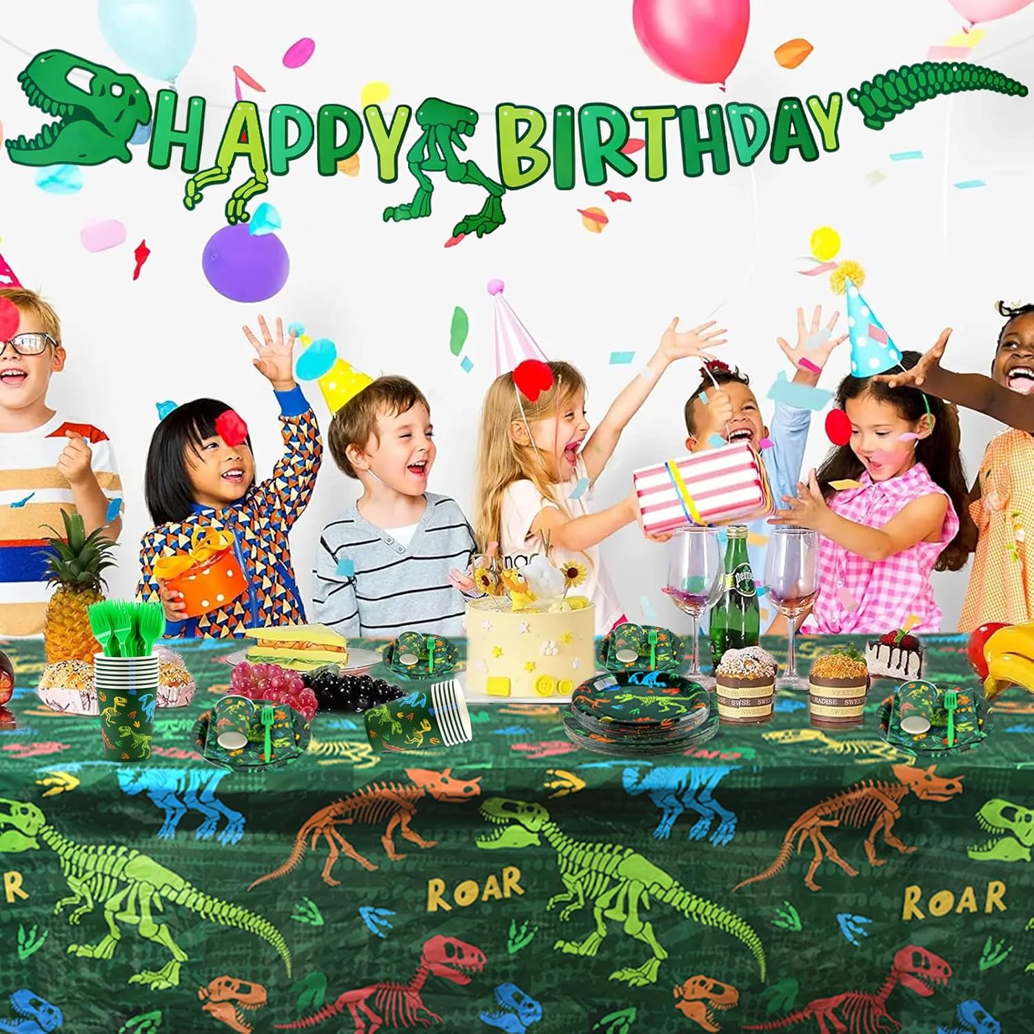 352pcs Dinosaur Birthday Party Decorations For Boys, Dinosaur Themes Birthday Party Supplies Serve 50 with Disposable Plates,Napkins,Cups,Cutlery Set, ,Tablecloth