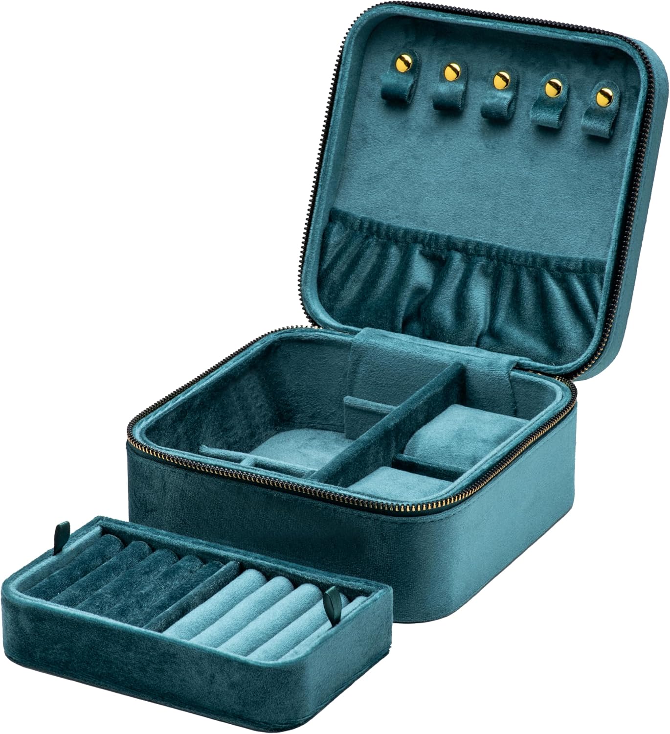 Velvet Multiple Square Ring Box Jewelry Organizer Display Tray with Zipper Around, Earring Watch Necklace Holder Case for Wedding Birthday Christmas Valentine Day (Teal)