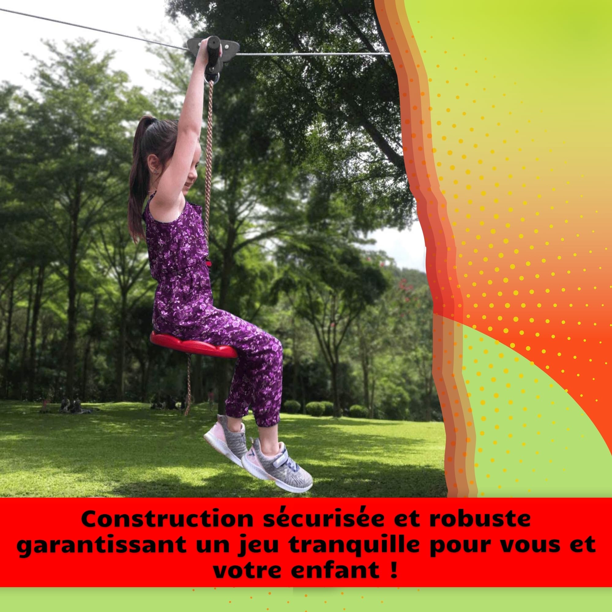 SPRINGOS Tyrolienne Enfant 30m Acier Inoxydable – Kit Zipline avec Siège, Chariot, Frein Ressort, Mousquetons – Charge 120 kg – Jeu Plein Air Jardin
