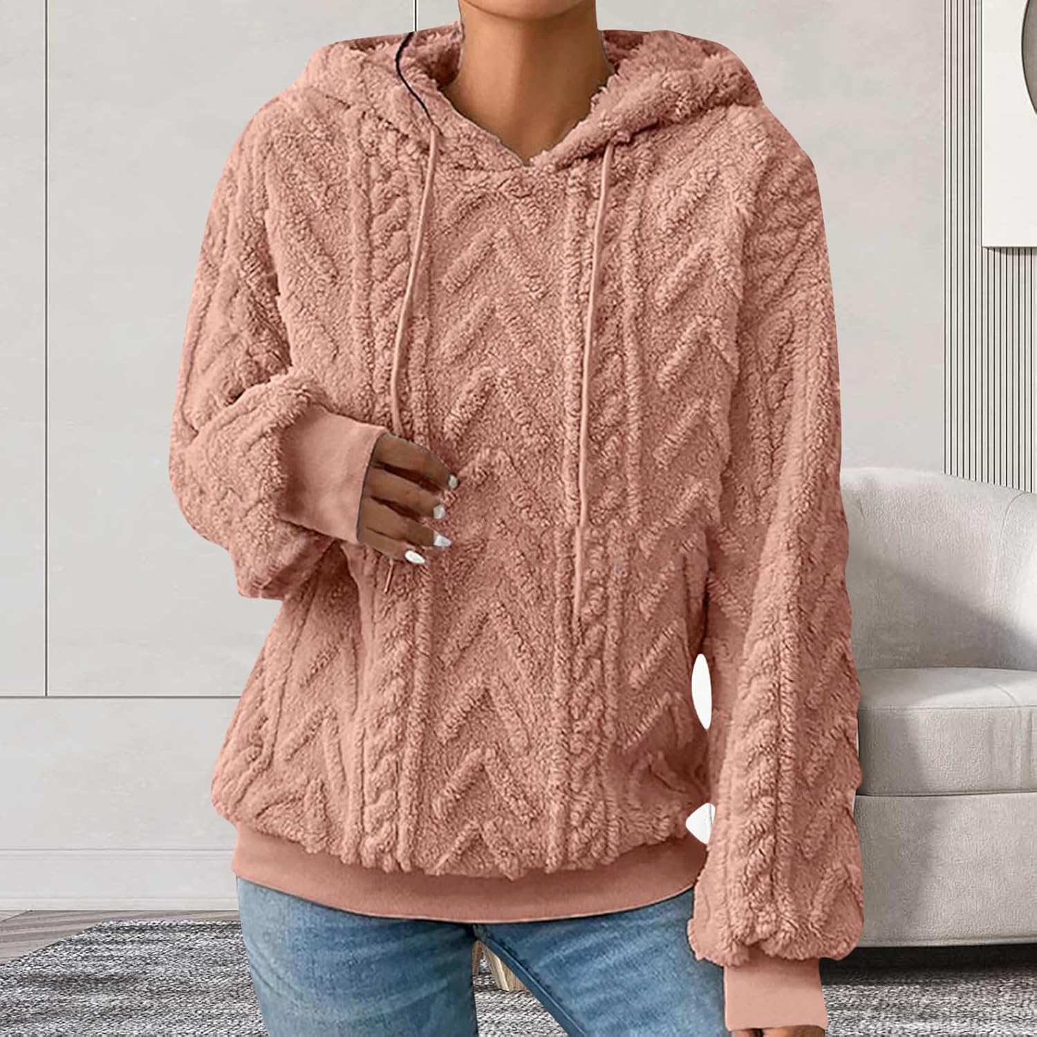 ZOCANIA Hooded Sweatshirt for Women Fleece Cable Knit Fuzzy Hoodie Womens Long Sleeve Drawstring Fluffy Pullovers - Image 2