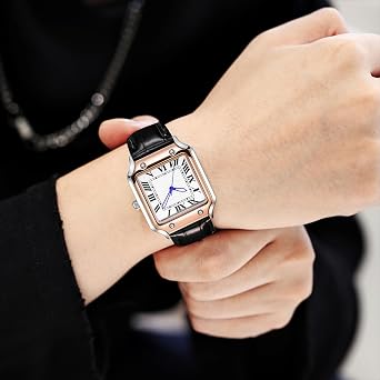 Classic Square Watch for Men Roman Numerals Casual Style Genuine Leather Strap Gift Box