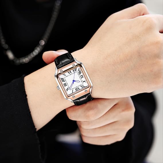 Classic Square Watch for Men Roman Numerals Casual Style Genuine Leather Strap Gift Box
