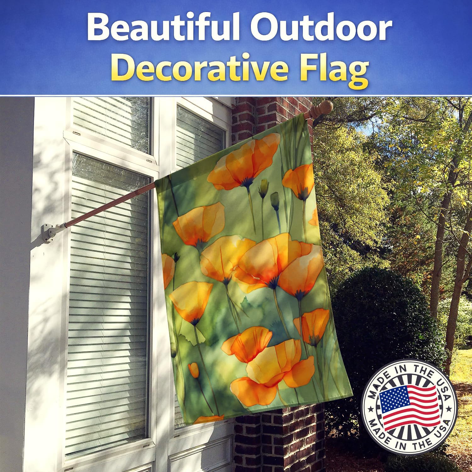 Caroline's Treasures California California Poppies in Watercolor House Flag Large Porch Sleeve Pole Decorative Outside Yard Banner Artwork Wall Hanging, Polyester, House Size, Multicolor