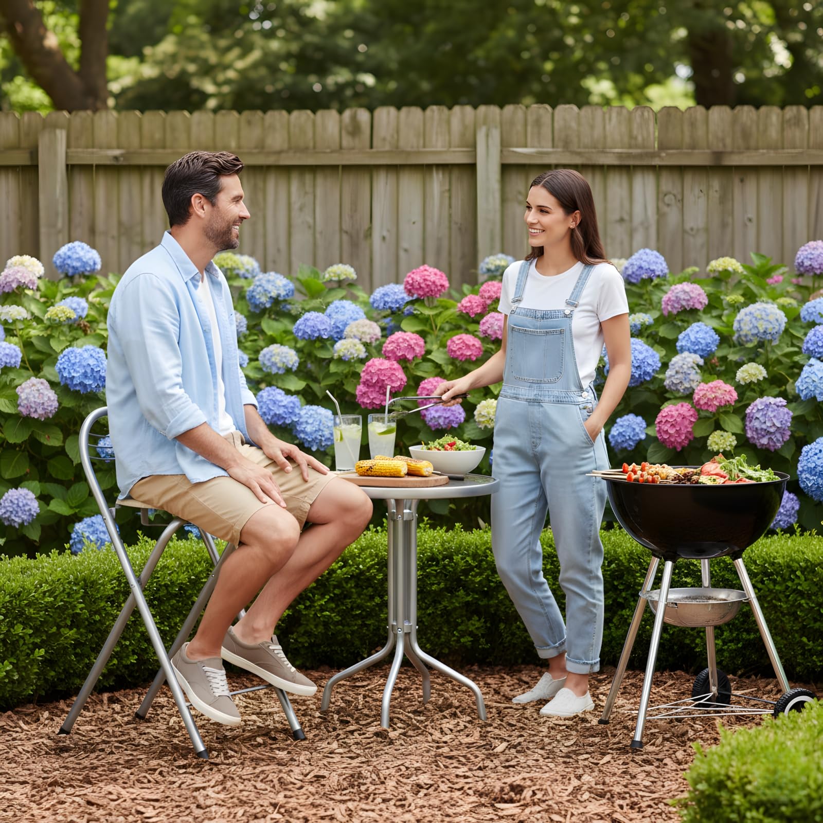 1 tabouret pliant avec dossier, portable, pliable, pour extérieur, jardin, balcon, cuisine, bars, camping, hauteur d'assise 61 cm (chêne et argent)