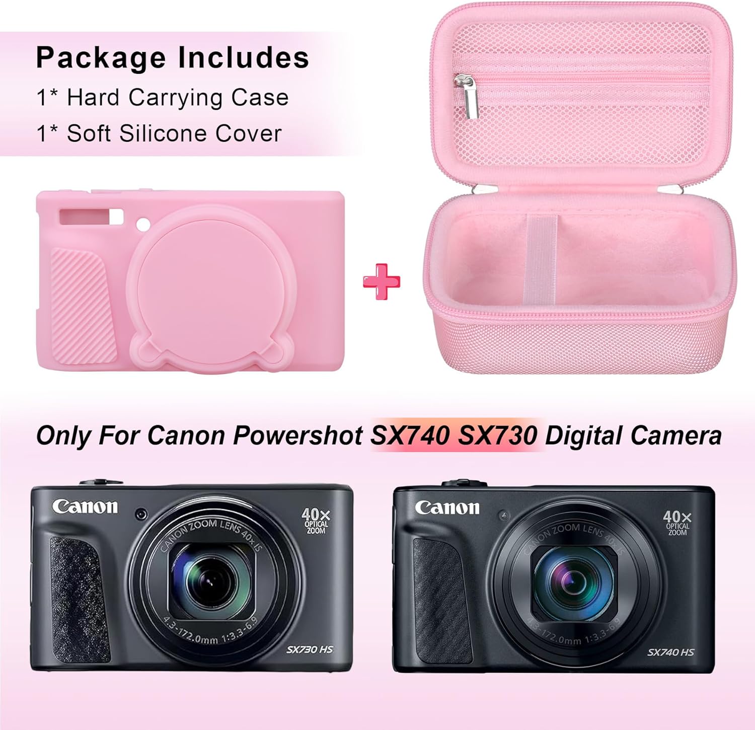 Canboc Case for Canon PowerShot SX740/SX730, Hard Carrying Case + Soft Silicone Protective Cover with Removable Lens Cover, Pink - Image 2