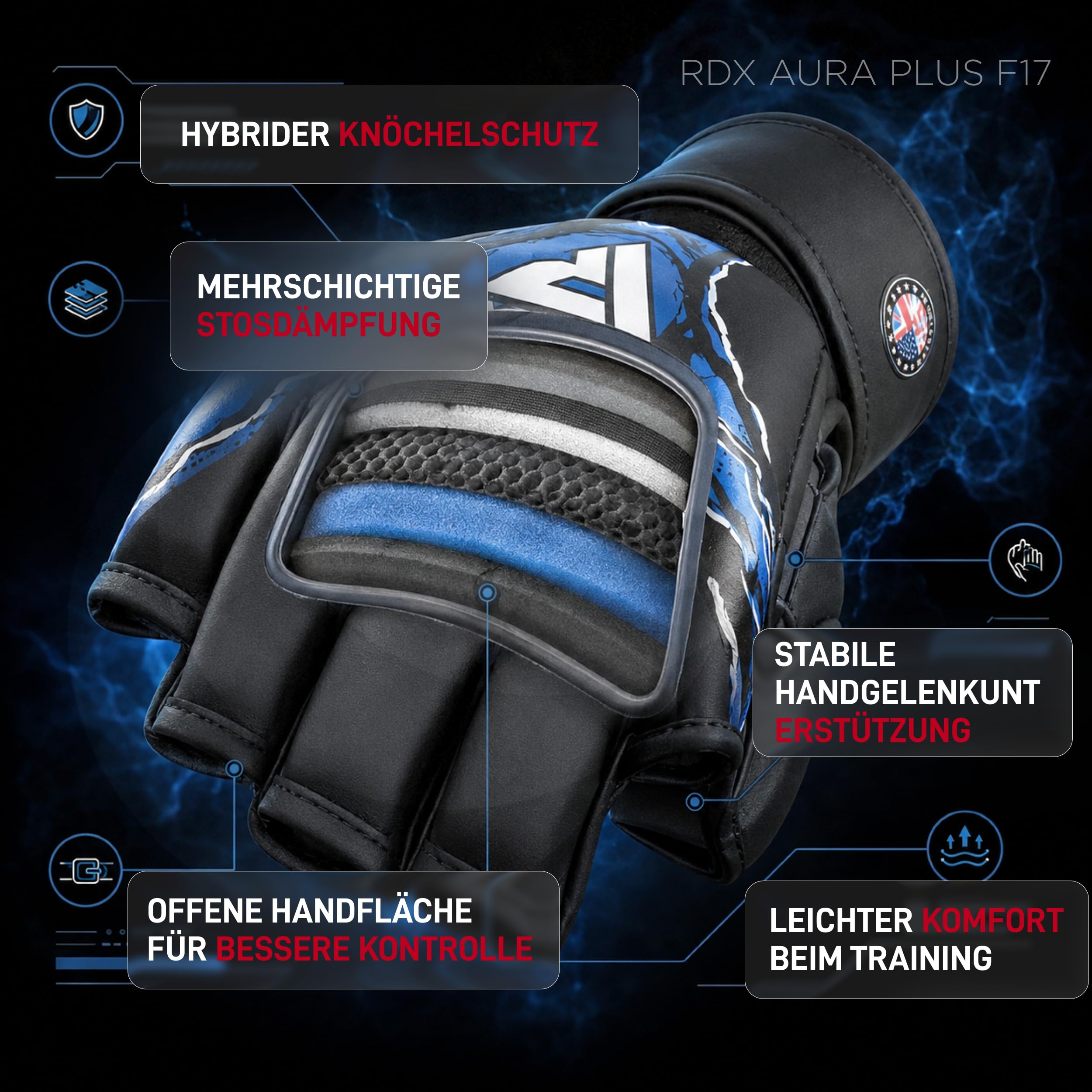 RDX Aura Plus F17 MMA Handschuhe für Herren und Damen, Grappling Handschuhe mit offener Handfläche, Sparring Handschuhe für MMA, Bodenkampf und Grifftechniken, Stoßdämpfende Polsterung, MMA Gloves